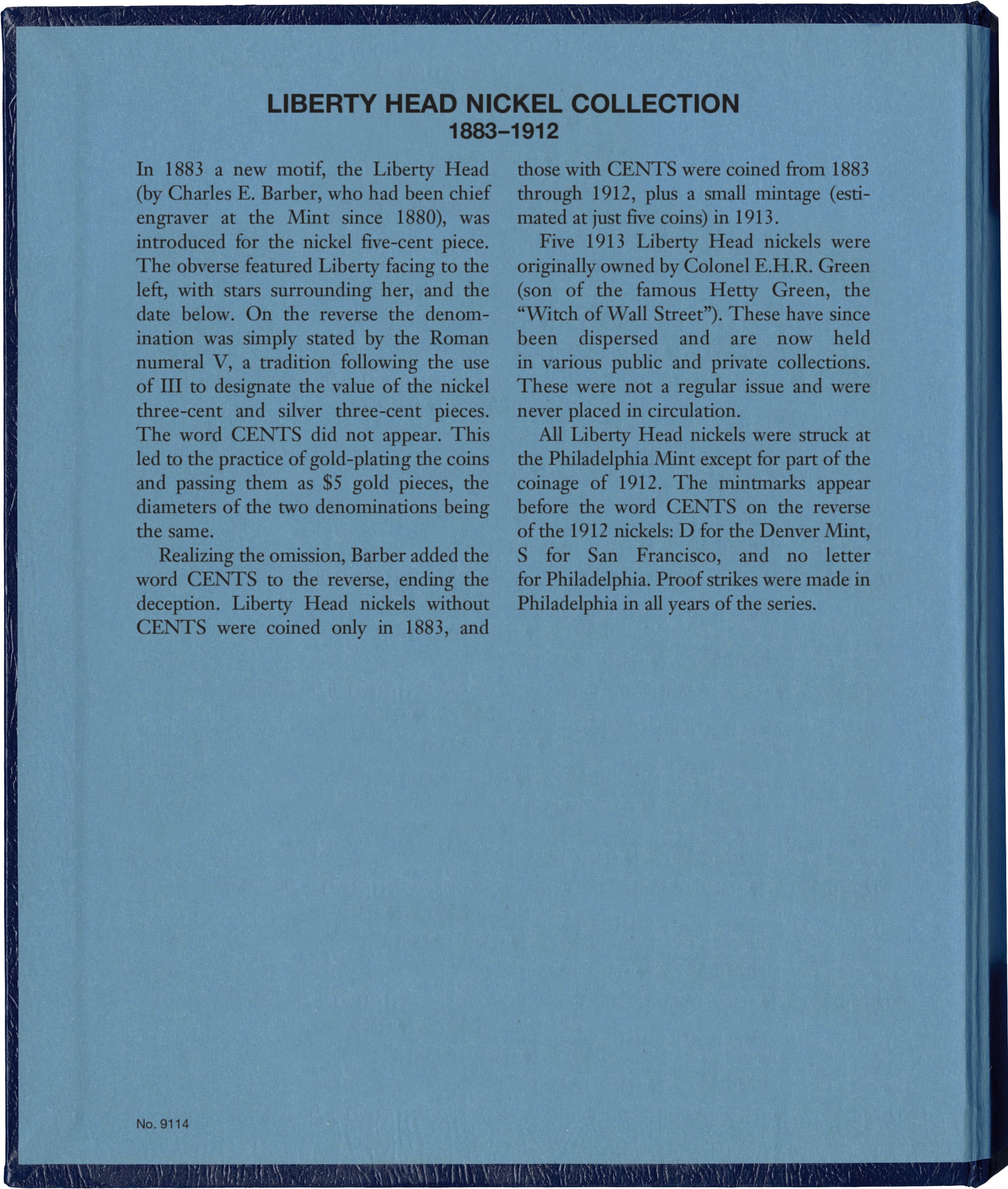 Whitman Classic® Coin Album – Liberty Head (V) Nickels: 1883-1912 (P, D, & S Mints)