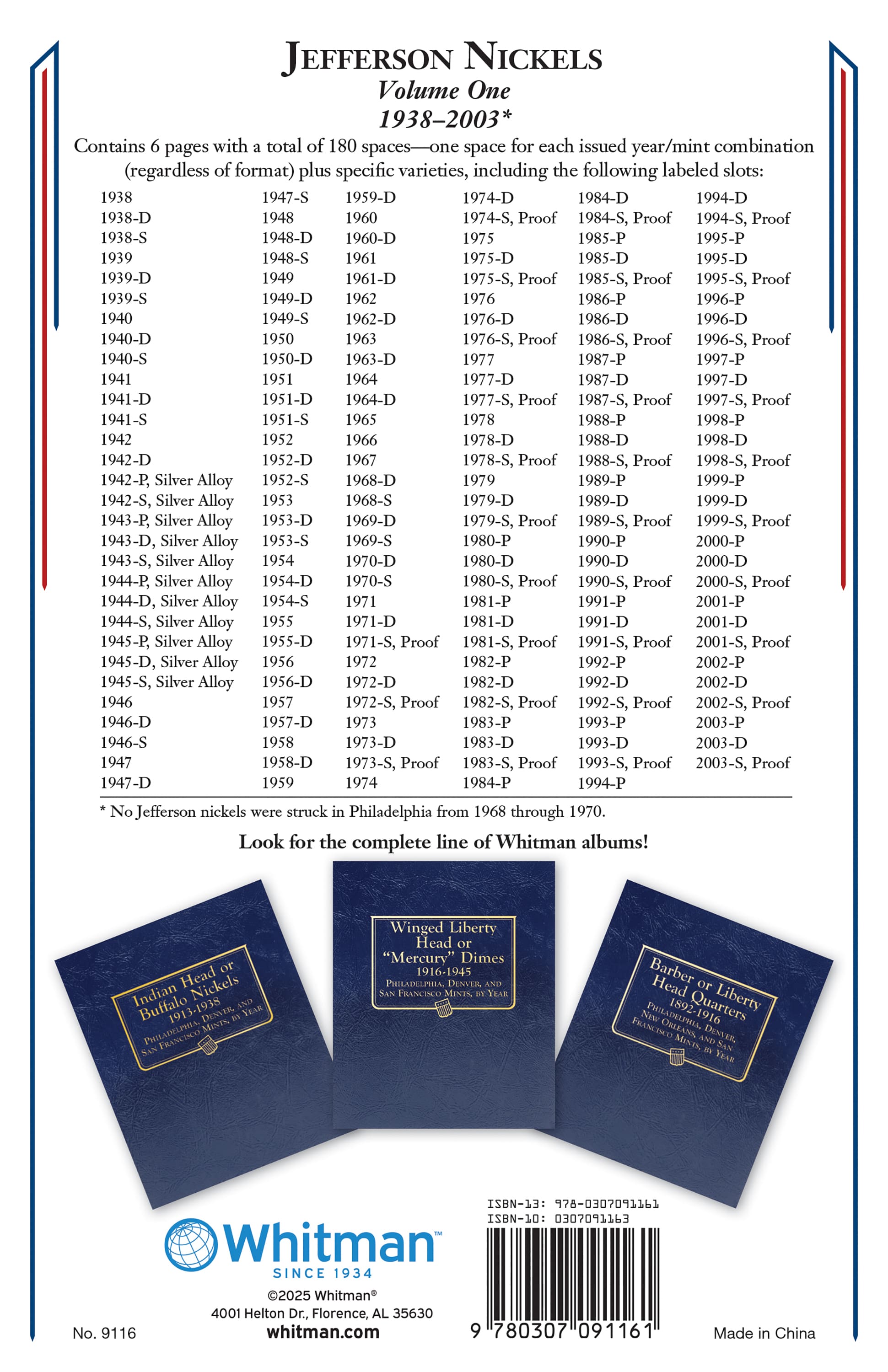 Whitman Classic® Coin Album – Jefferson Nickels Volume #1: 1938-2003 (P, D, & S Mints)