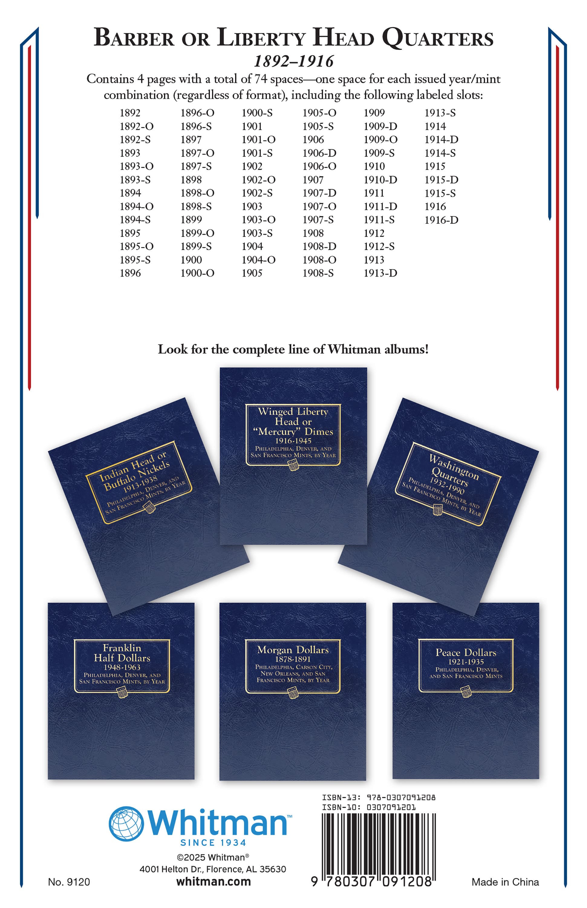Whitman Classic® Coin Album – Barber (Liberty Head) Quarters: 1892-1916 (P, D, O, & S Mints)