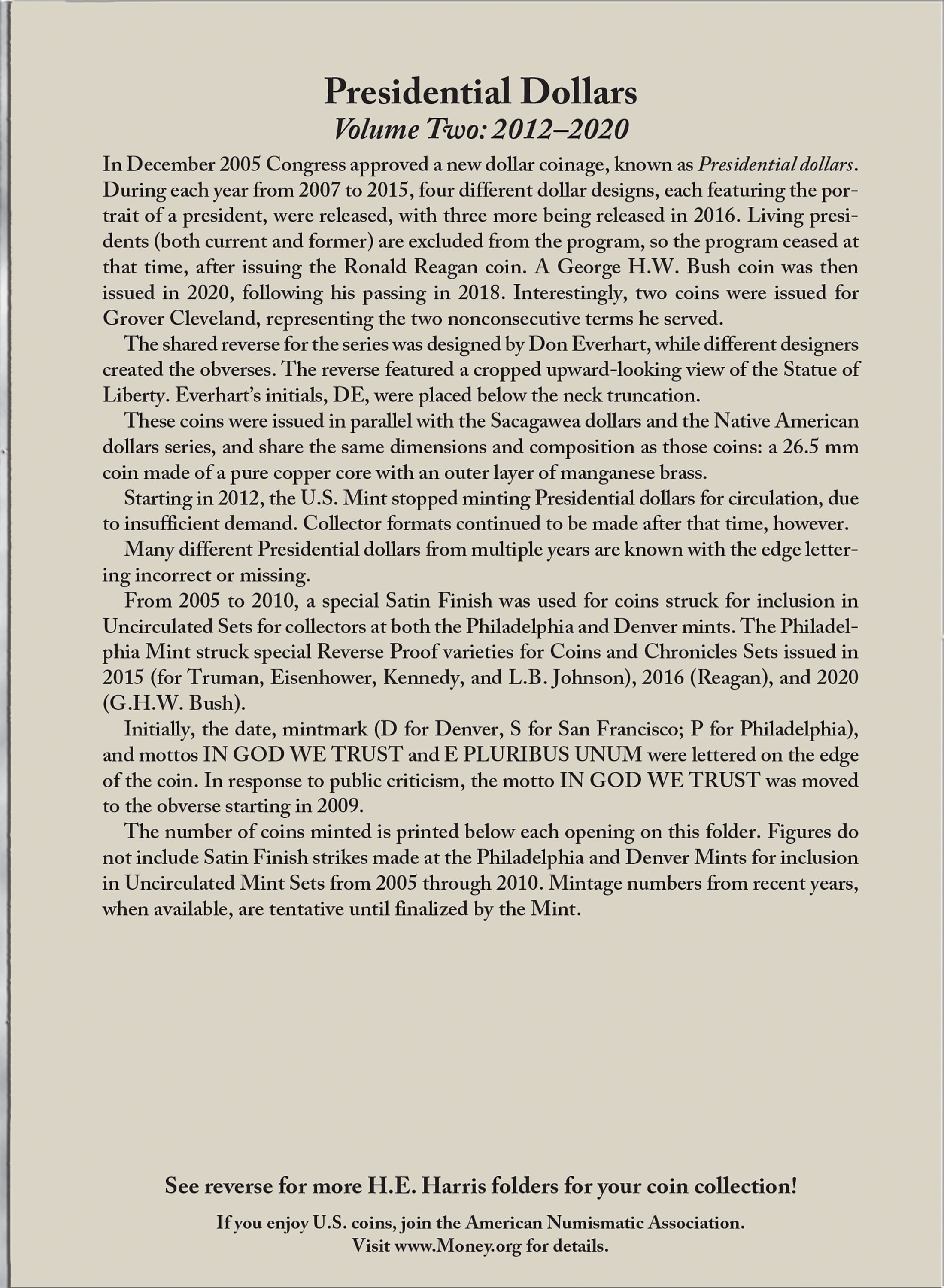 H.E. Harris® Coin Folder – Presidential Dollars Collection #2: Starting 2012
