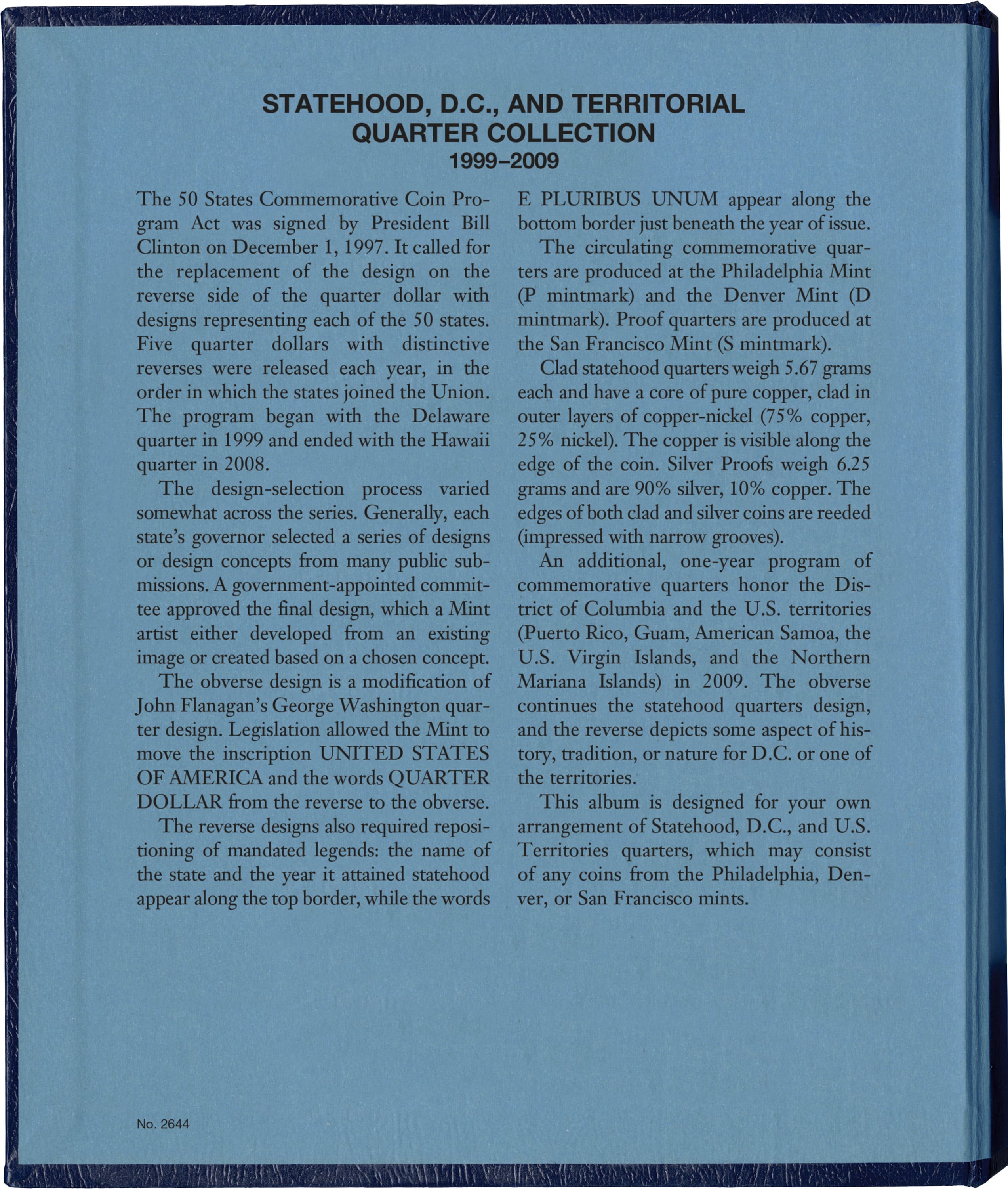Whitman Classic® Coin Album – Statehood, D.C. & Territorial Quarters: 1999-2009 (Single Mint)