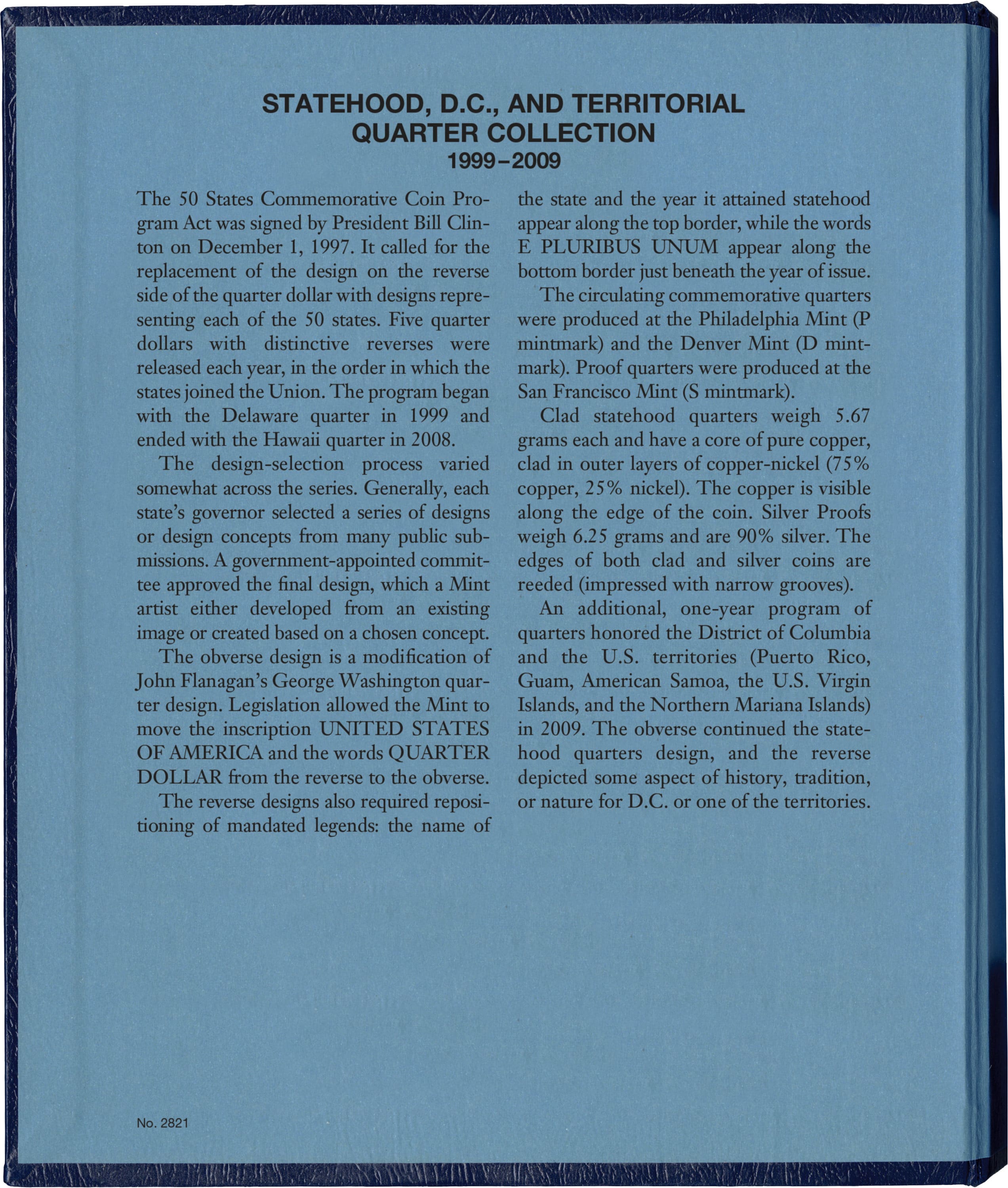 Whitman Classic® Coin Album – Statehood, D.C. & Territorial Quarters: 1999-2009 (P & D Mints)