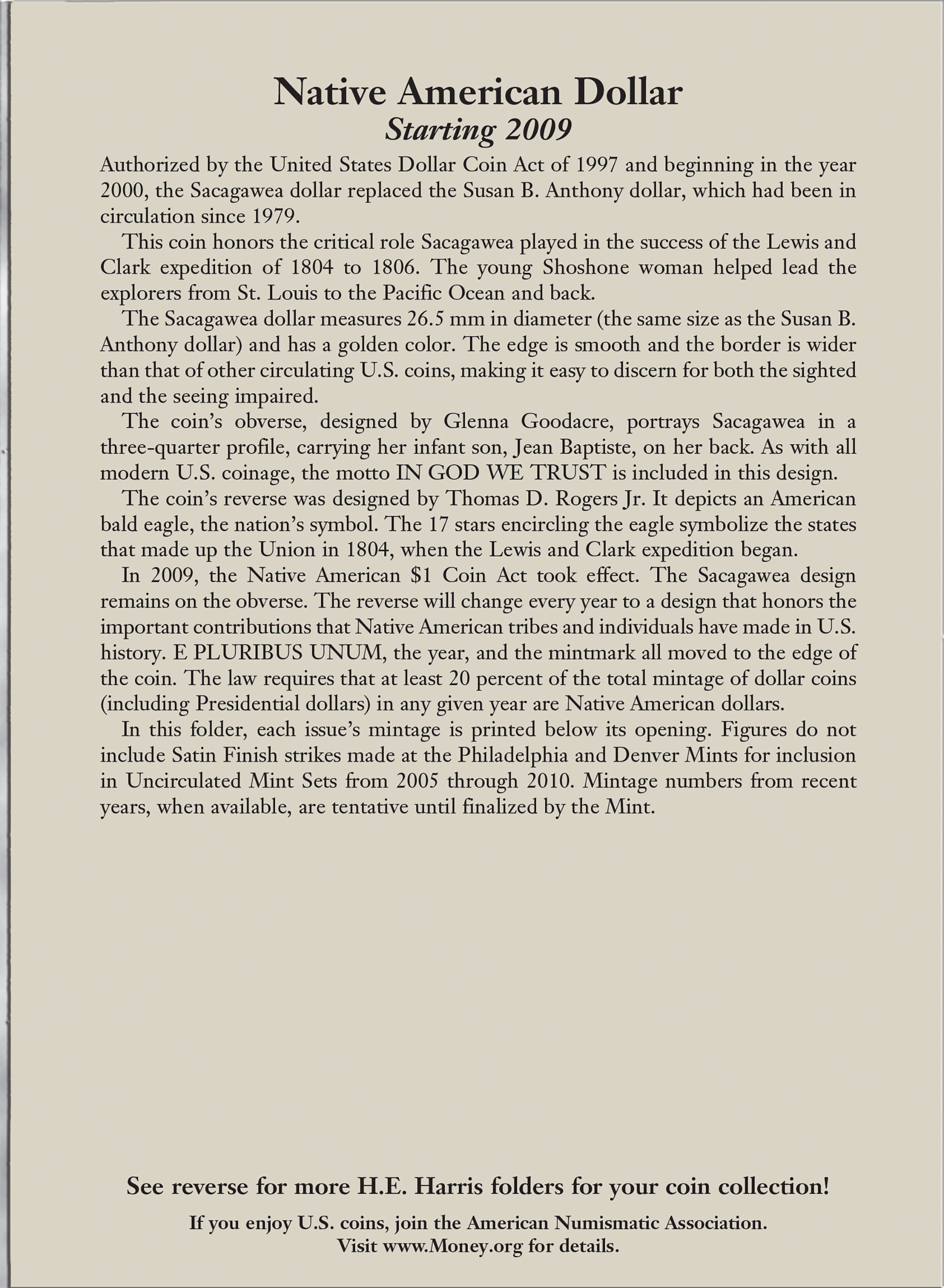 H.E. Harris® Coin Folder – Native American Dollars: Starting 2009