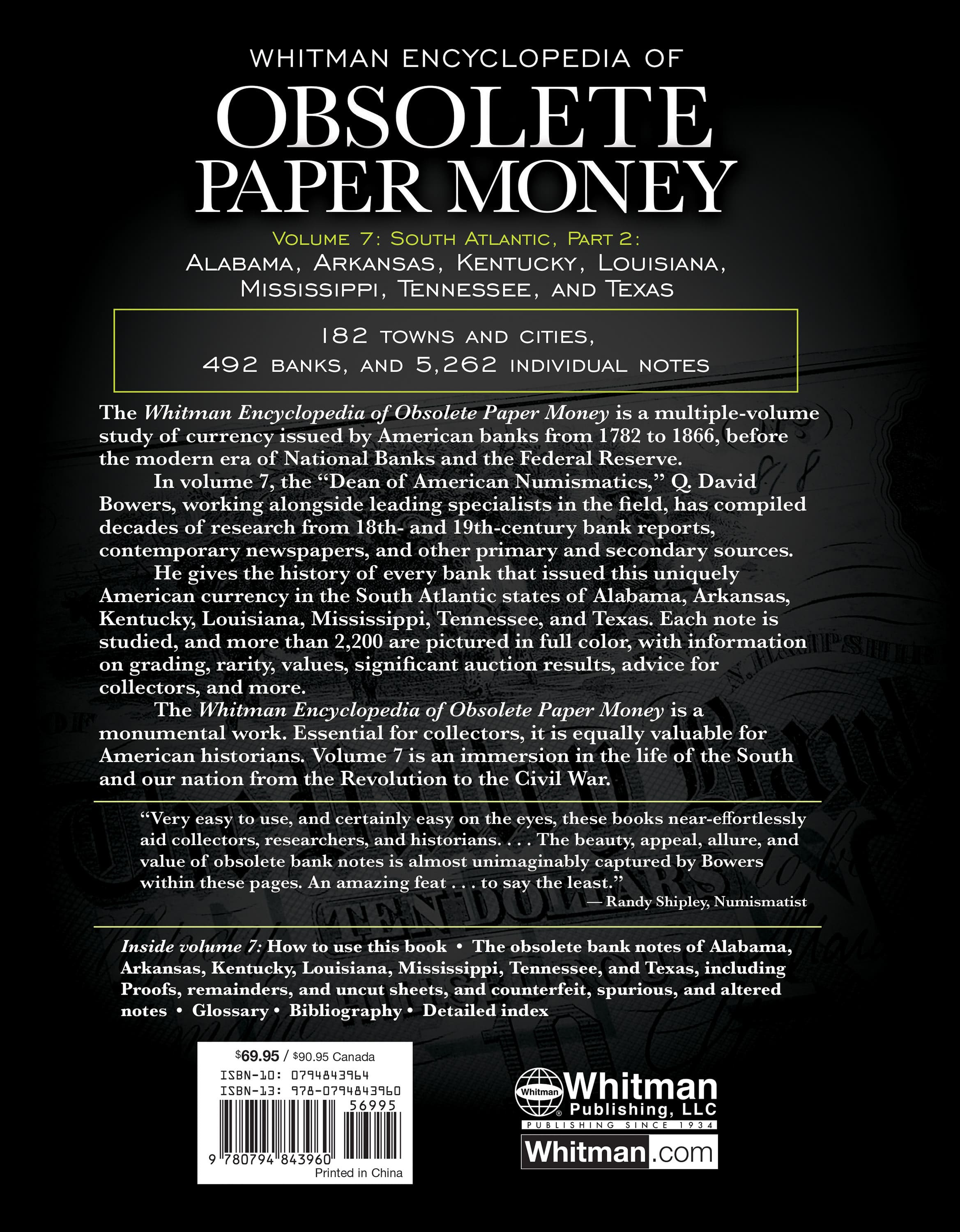 Whitman Encyclopedias: Whitman Encyclopedia of Obsolete Paper Money, Volume 7 – South Atlantic, Part 2 – Alabama, Arkansas, Kentucky, Louisiana, Mississippi, Tennessee, Texas
