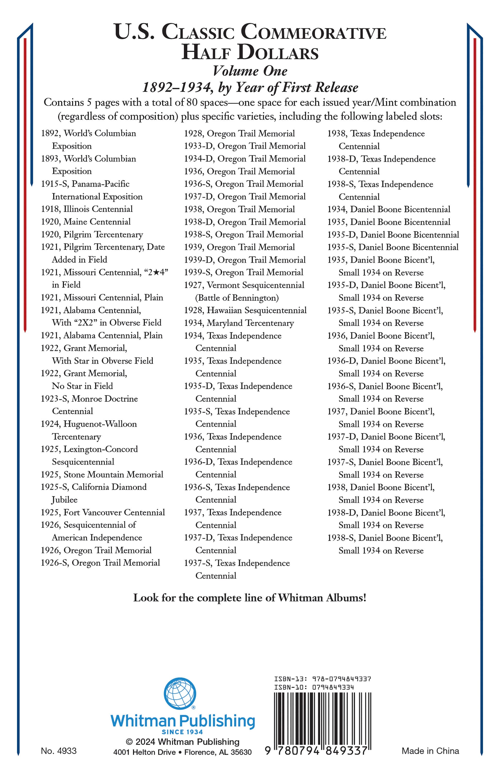 Whitman Classic® Coin Album – U.S. Commemorative Half Dollars Volume #1: 1892-1934