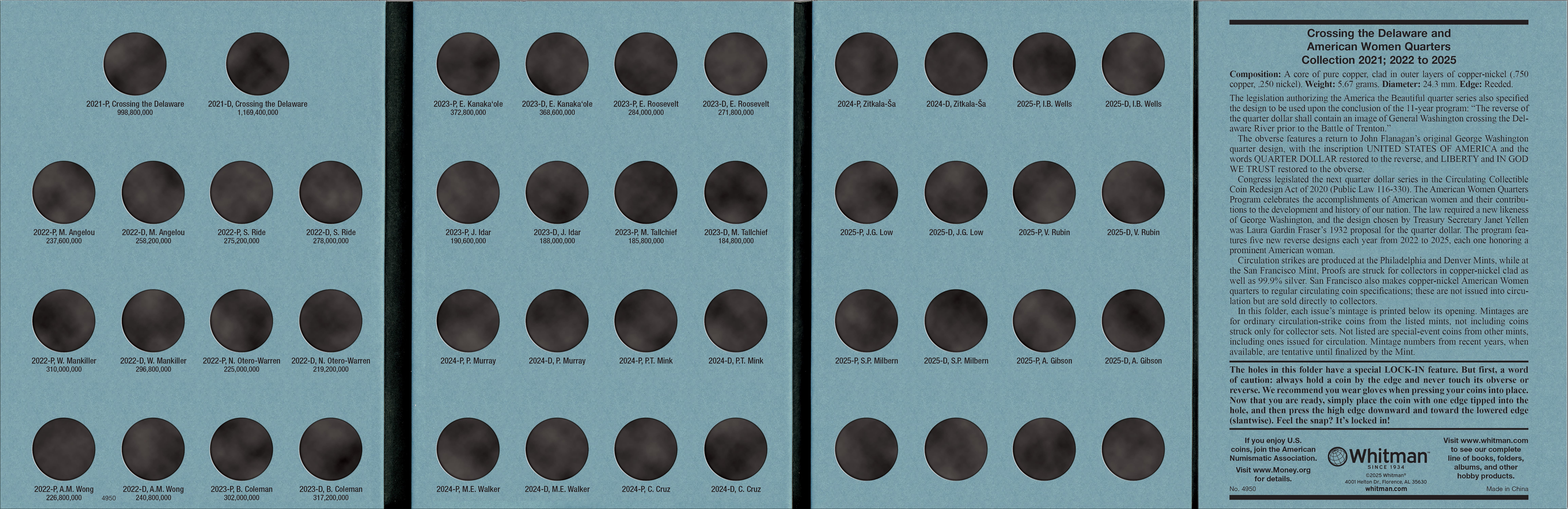 Official Whitman® Coin Folder – Crossing the Delaware and American Women Quarters: 2021-2025 (P & D Mints)