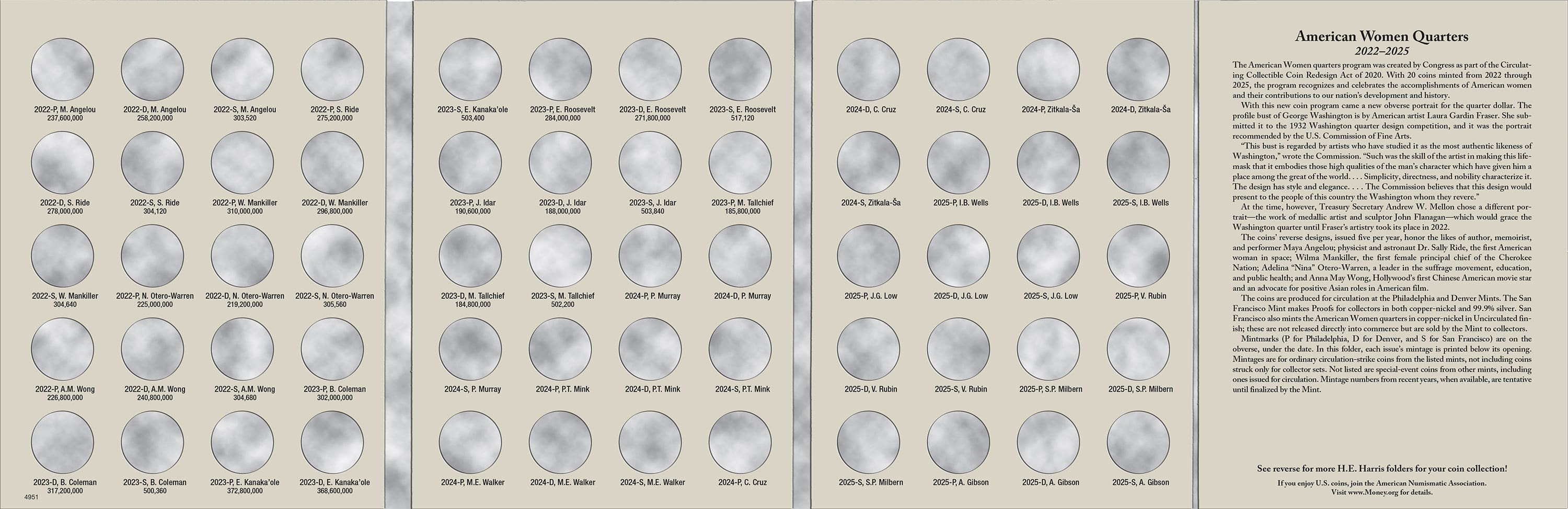H.E. Harris® Coin Folder – Washington Quarters American Women Collection: 2022-2025 (P, D, & S Mints)