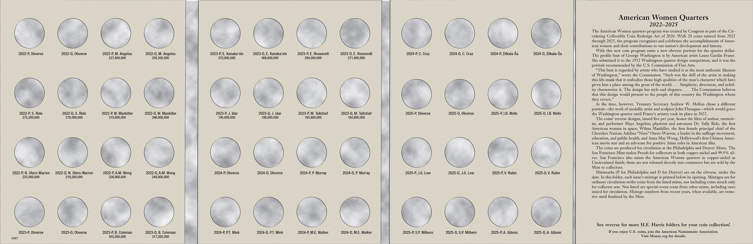 H.E. Harris® Coin Folder – Washington Quarters American Women Collection: 2022-2025 (P & D Mints)