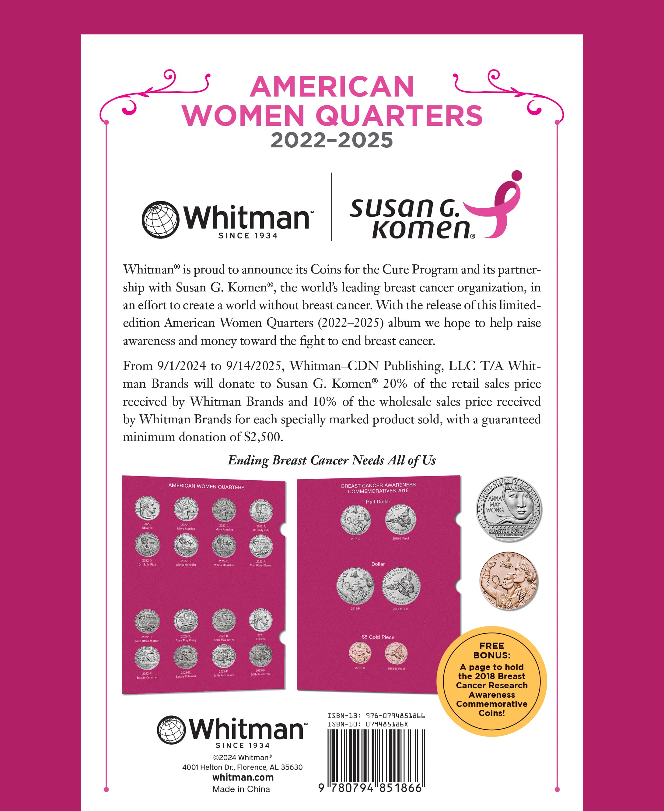 Whitman Classic® Limited Edition Coin Album for Susan G. Komen® – American Women Quarters: 2022-2025 (P & D Mints)