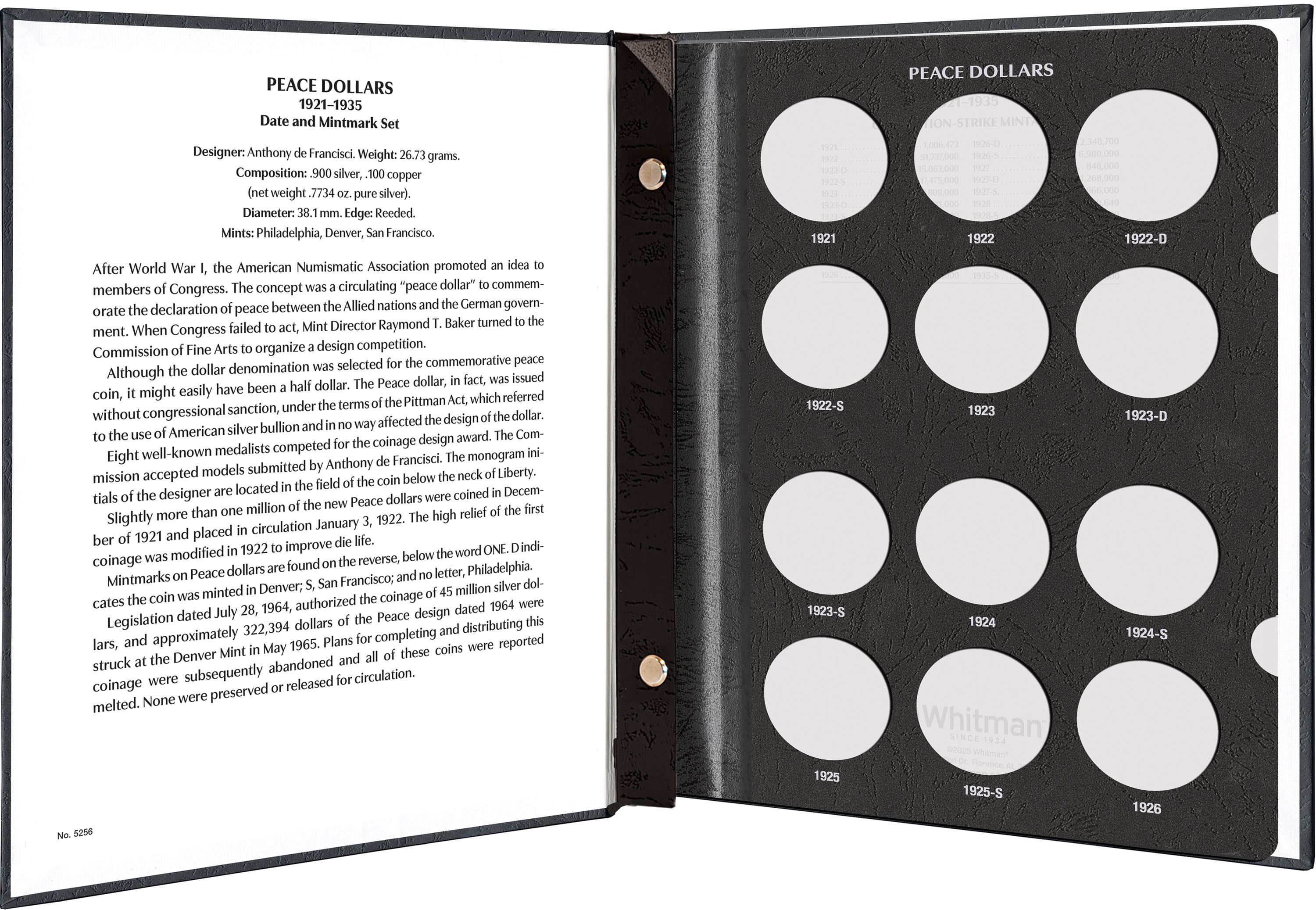 Whitman Prestige Coin Album – Peace Dollars: 1921-1935 Date & Mintmark Set