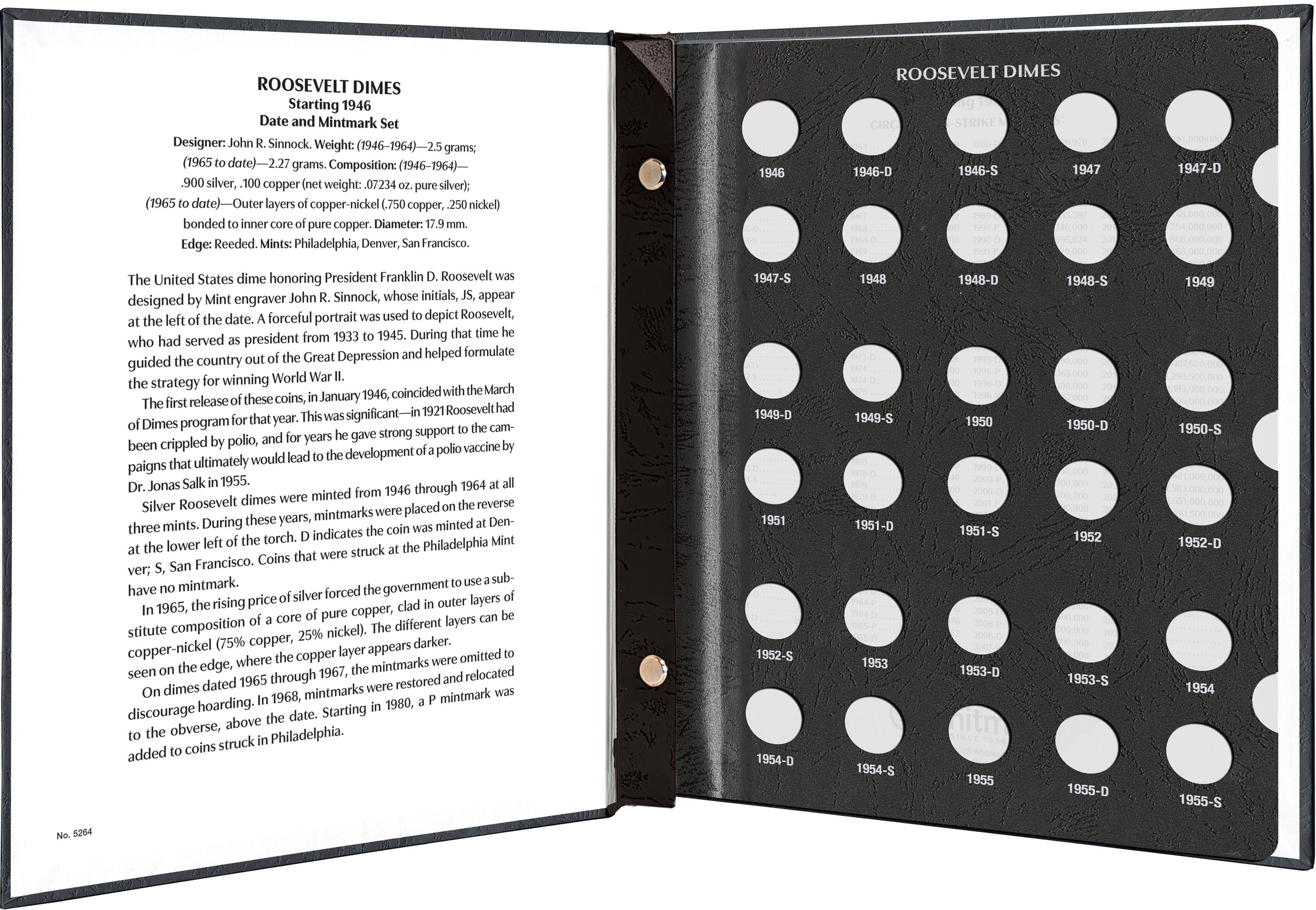 Whitman Prestige Coin Album – Roosevelt Dimes: Starting 1946 Date & Mintmark Set