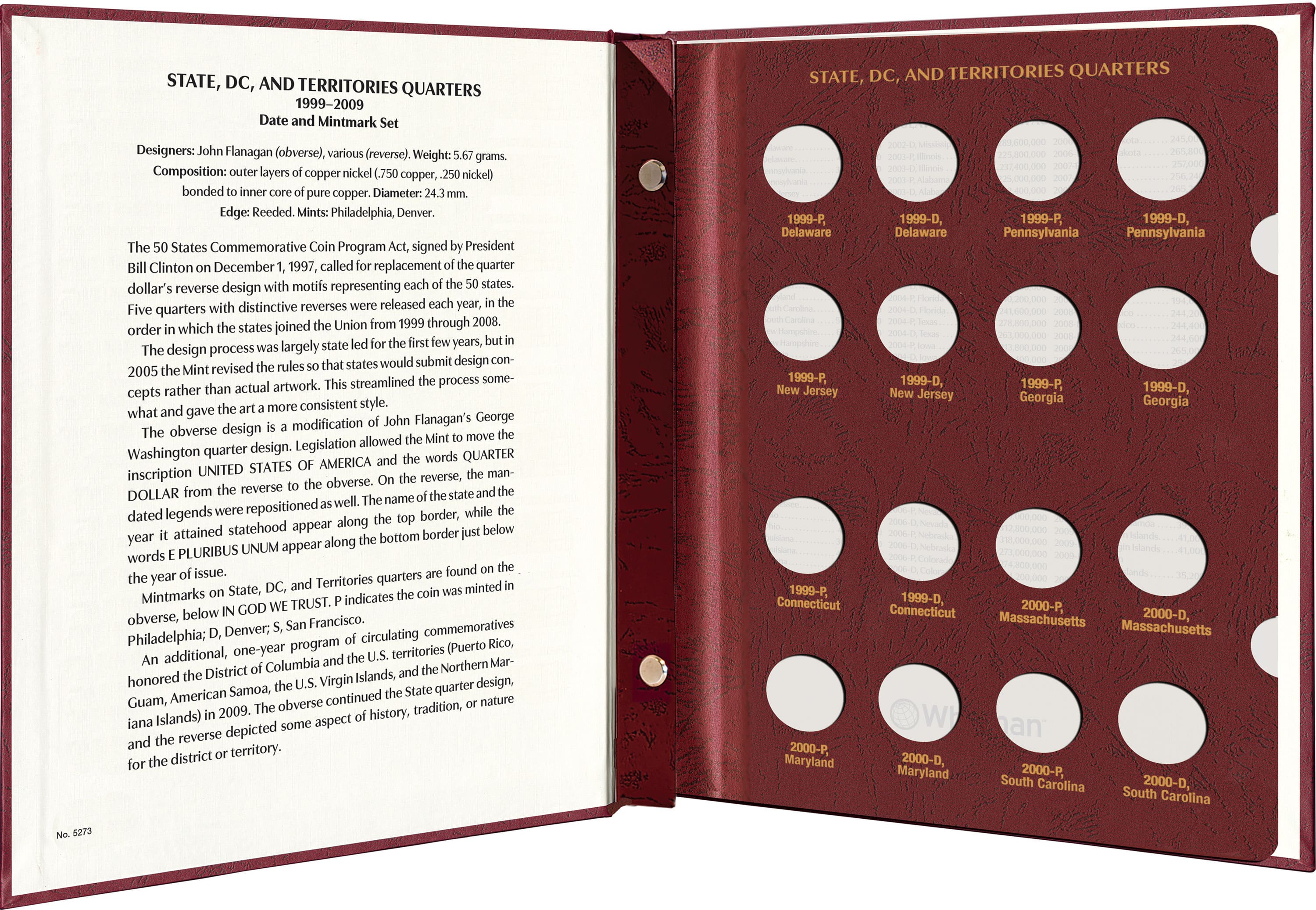 Whitman Prestige Coin Album – State, D.C., and Territories Quarters: 1999-2009 Date & Mintmark Set