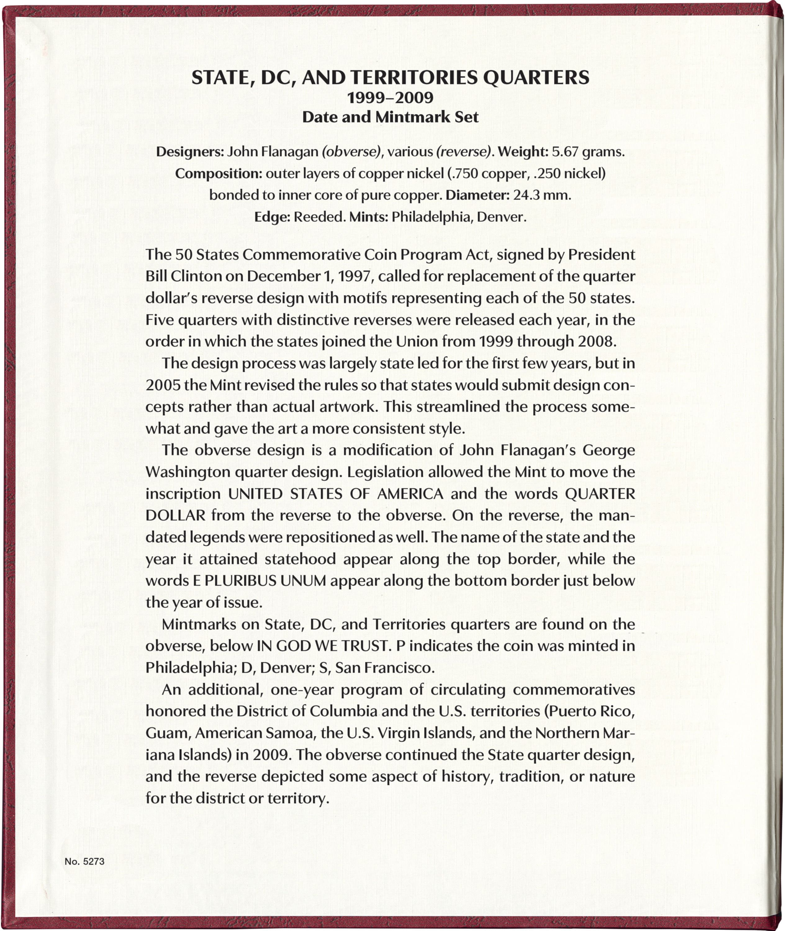 Whitman Prestige Coin Album – State, D.C., and Territories Quarters: 1999-2009 Date & Mintmark Set