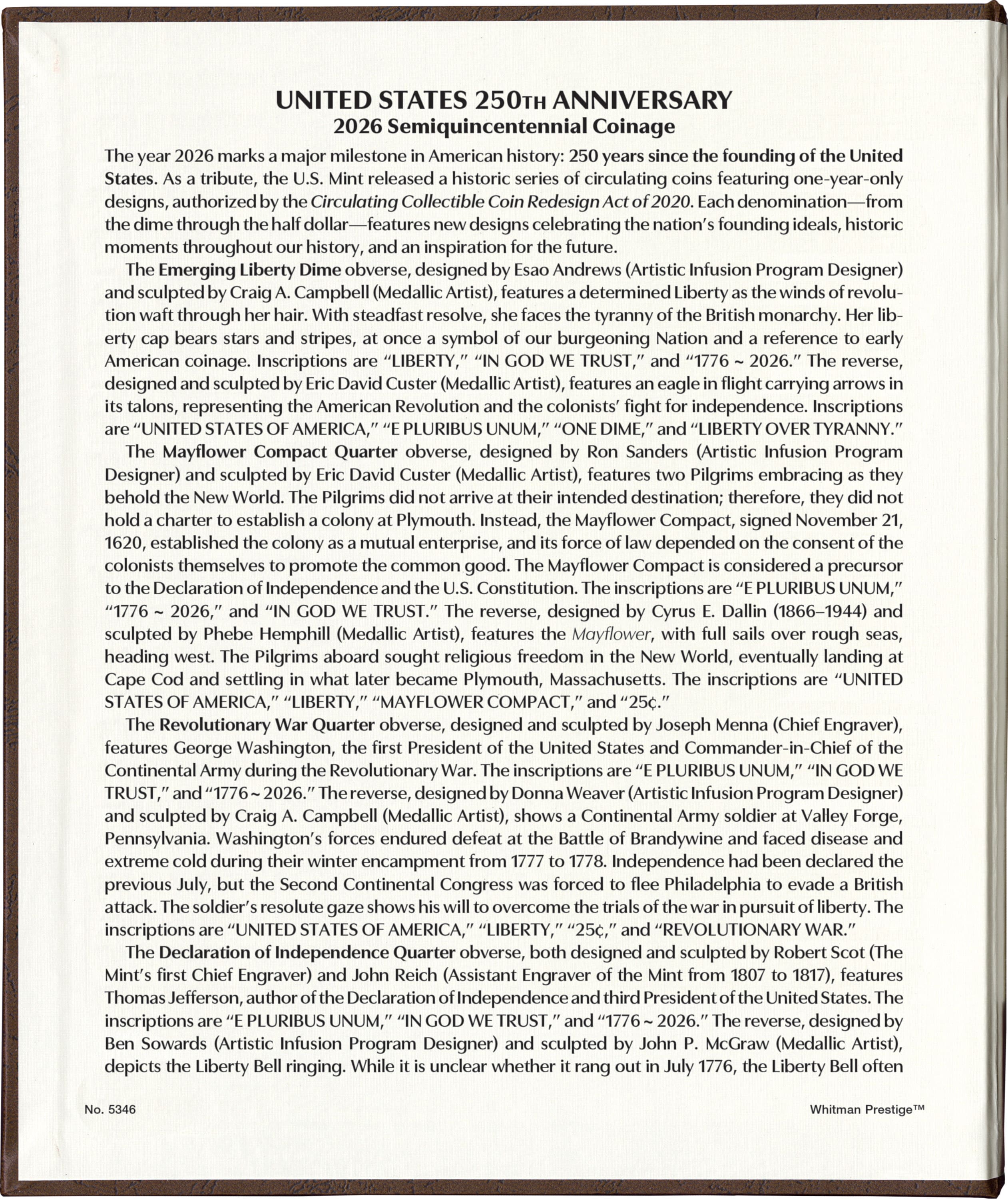 Whitman Prestige™ Coin Album – United States 250th Anniversary Collection: 2026 Date & Mintmark Set