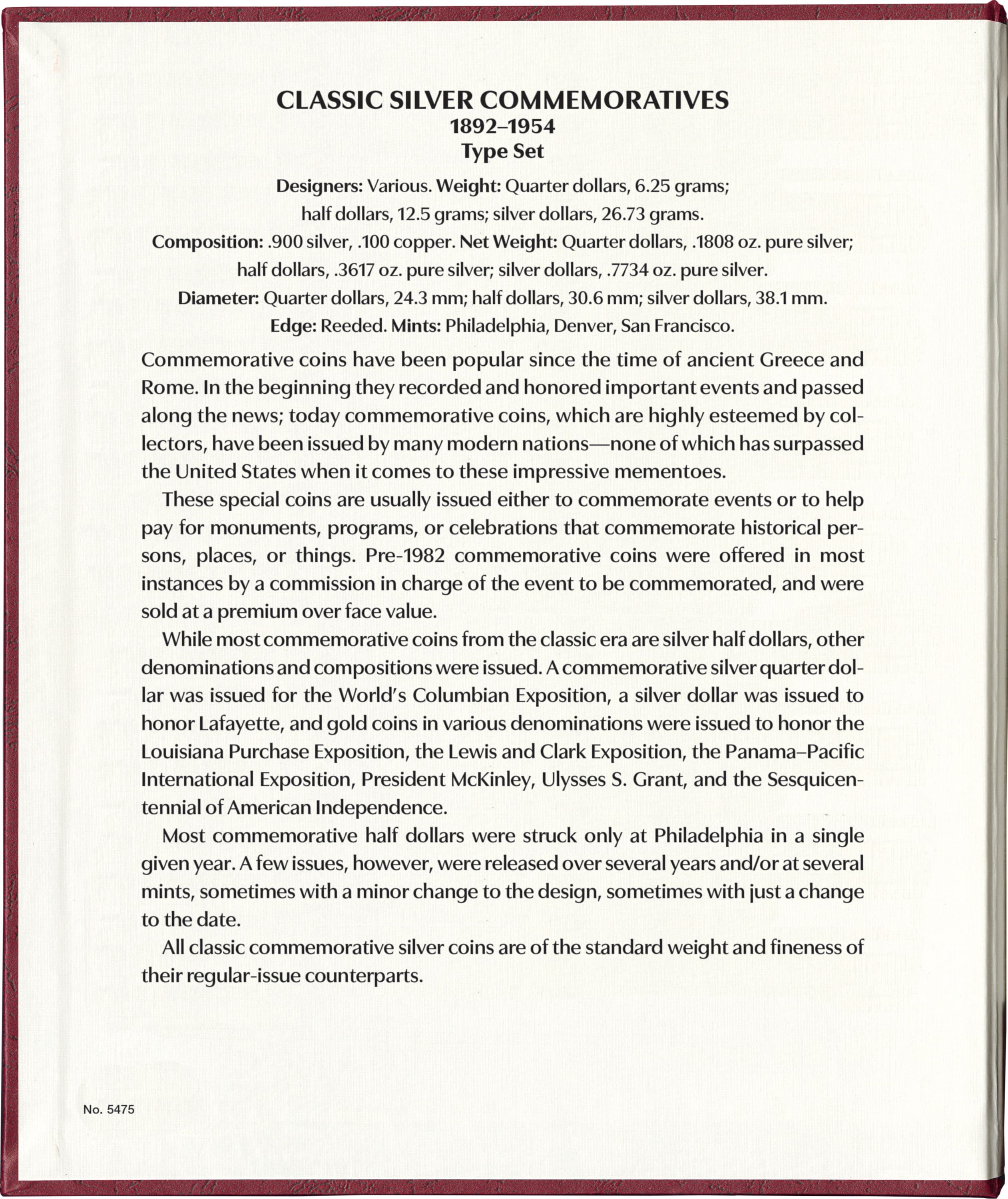 Whitman Prestige™ Coin Album – U.S. Classic Silver Commemoratives 1893-1954 Type Set