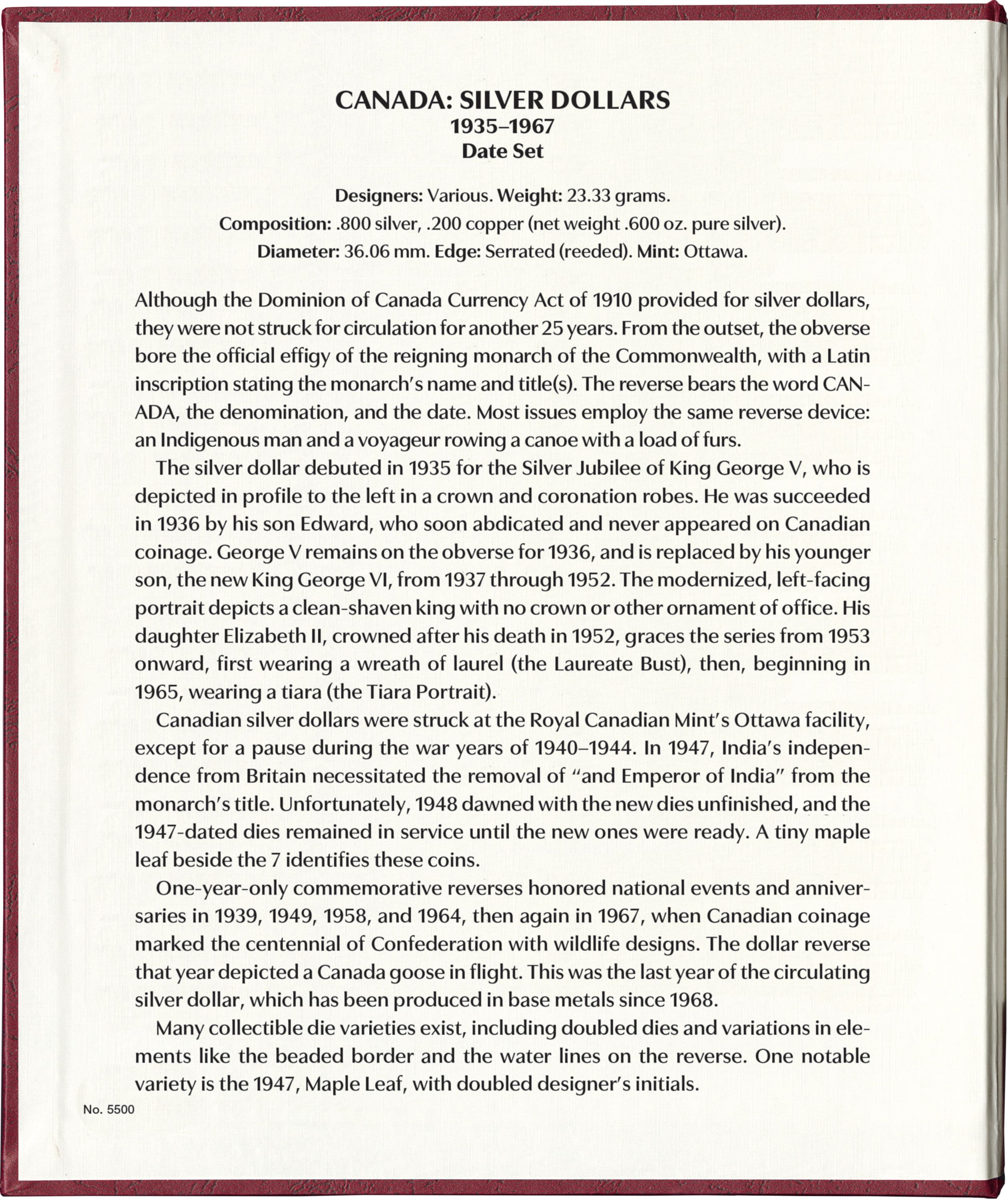 Whitman Prestige™ Coin Album – Canada Silver Dollars: 1935-1967 Date & Mintmark Set