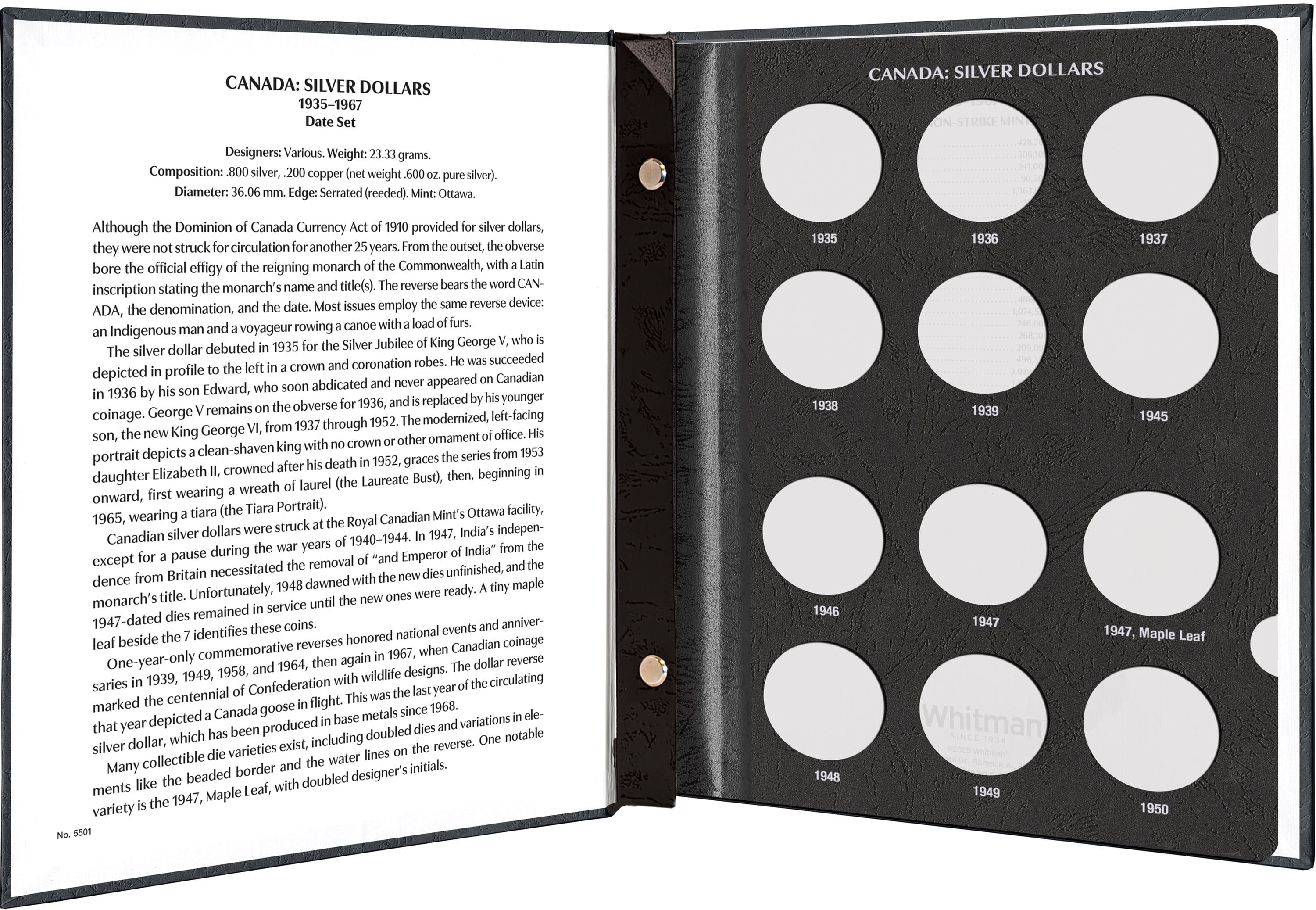 Whitman Prestige™ Coin Album – Canada Silver Dollars: 1935-1967 Date & Mintmark Set