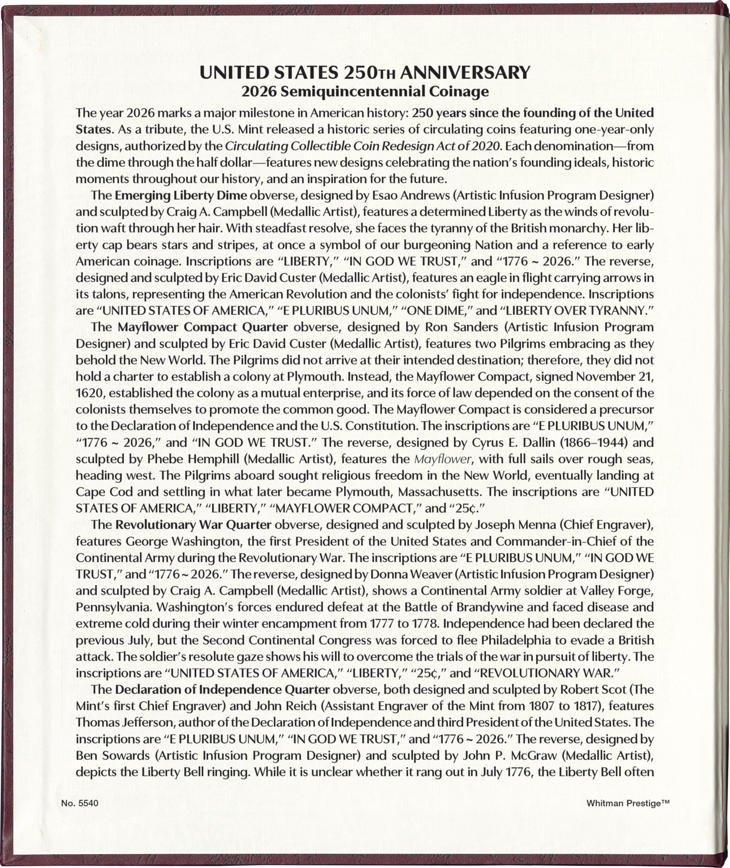 Whitman Prestige™ Coin Album – United States 250th Anniversary Collection: 2026 Date & Mintmark Set