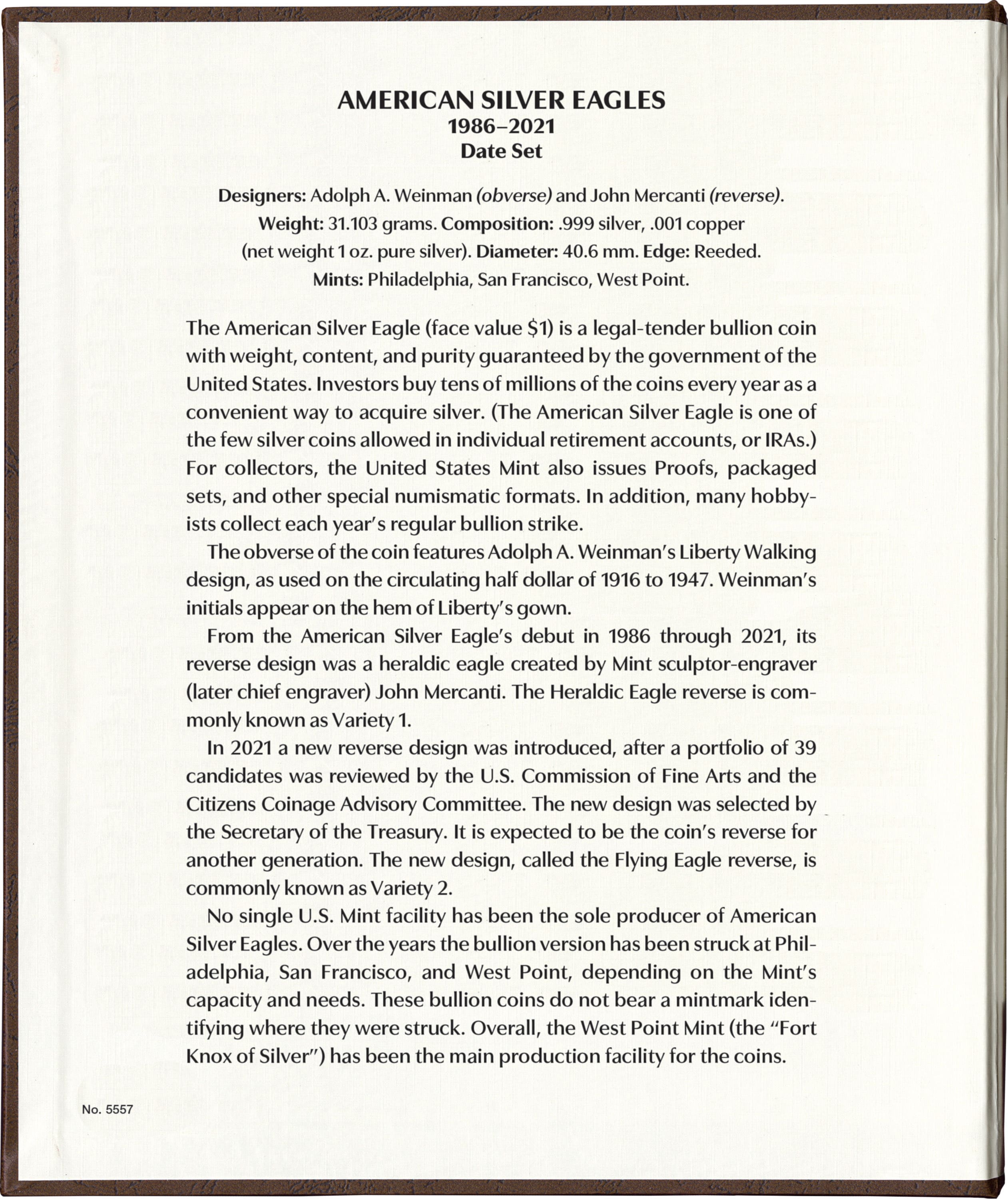 Whitman Prestige Coin Album – American Silver Eagles: 1986-2021 Date Set