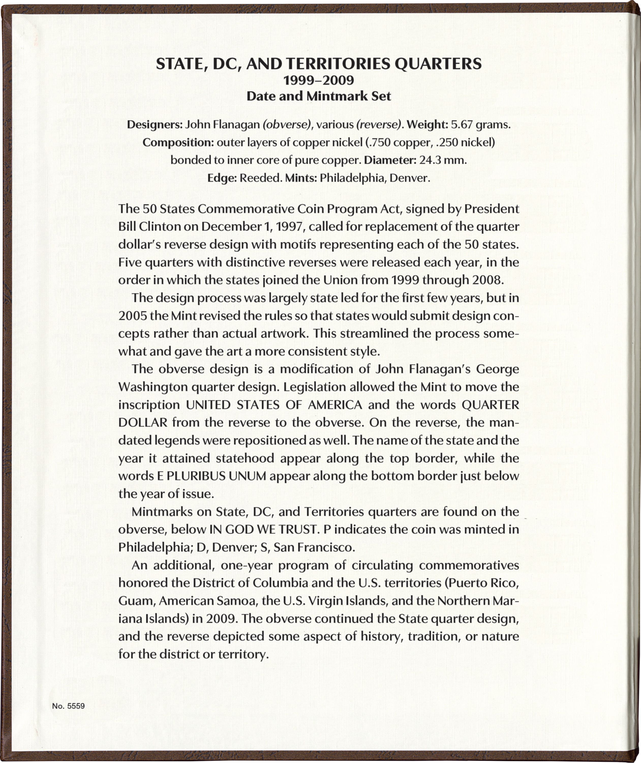 Whitman Prestige Coin Album – State, D.C., and Territories Quarters: 1999-2009 Date & Mintmark Set