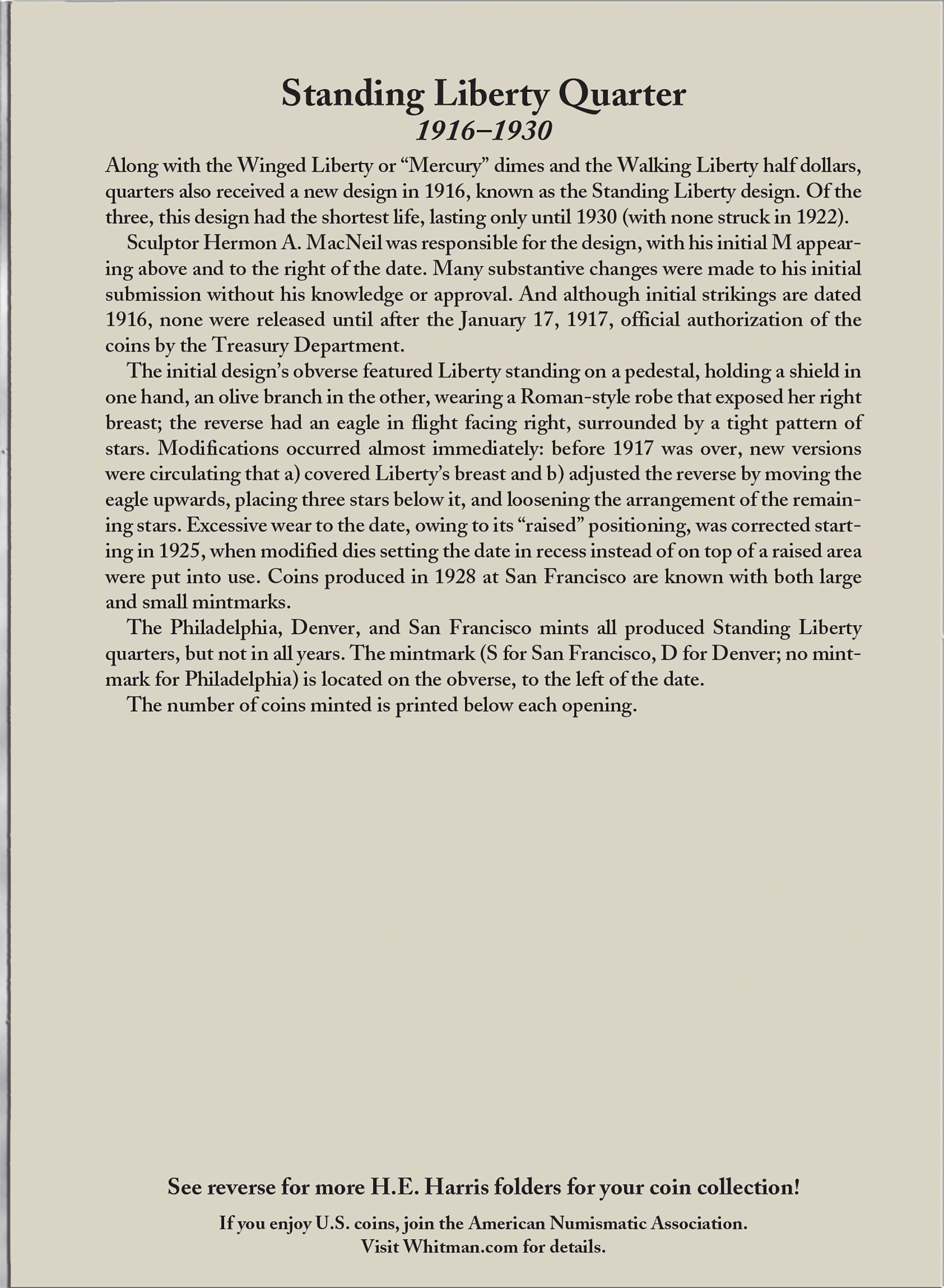 H.E. Harris® Coin Folder – Standing Liberty Quarters: 1916-1930