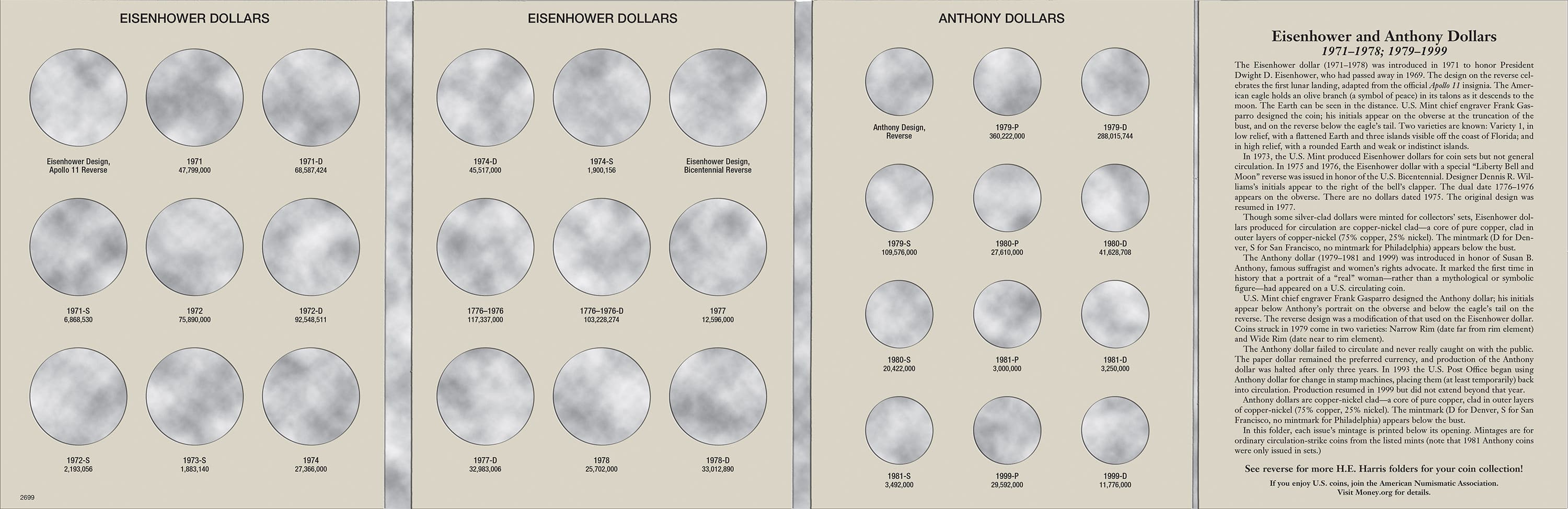 H.E. Harris® Coin Folder – Eisenhower & Susan B. Anthony Dollars: 1971-1999