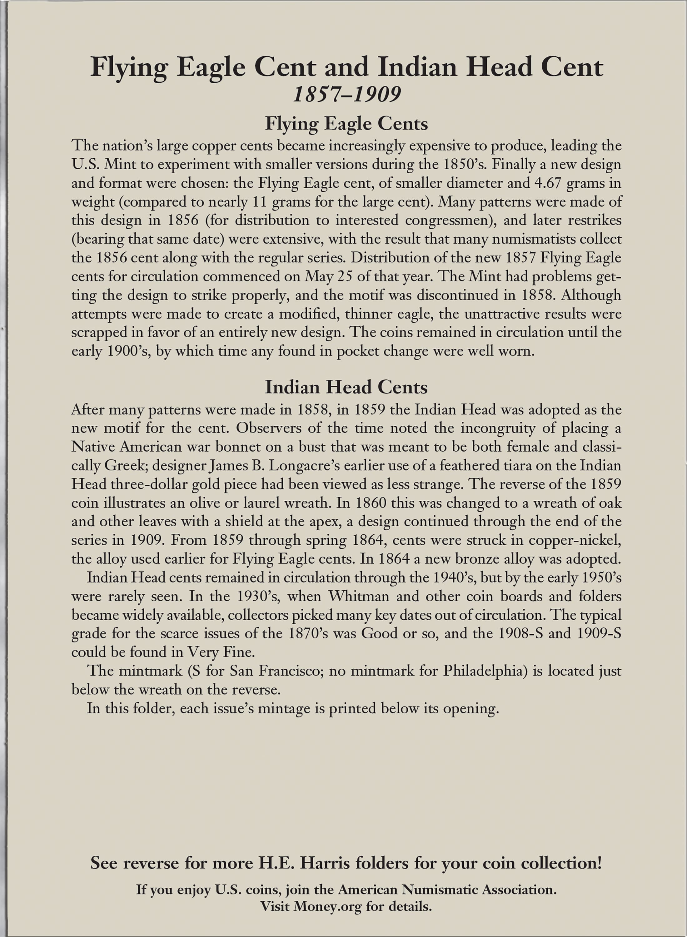 H.E. Harris® Coin Folder – Flying Eagle & Indian Head Cents: 1857-1909