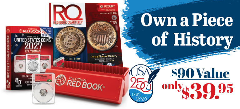 Patriotic presentation featuring a bundle of products for pre-order that includes a special edition Red Book 2027, Red Book Quarterly, CAC graded coin, and official Red Book coin storage.