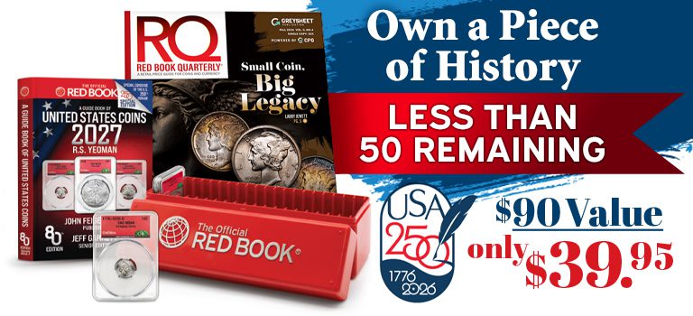 Patriotic presentation featuring a bundle of products for pre-order that includes a special edition Red Book 2027, Red Book Quarterly, CAC graded coin, and official Red Book coin storage.