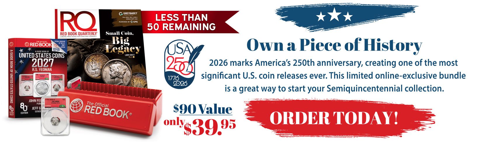Patriotic presentation featuring a bundle of products for pre-order that includes a special edition Red Book 2027, Red Book Quarterly, CAC graded coin, and official Red Book coin storage.