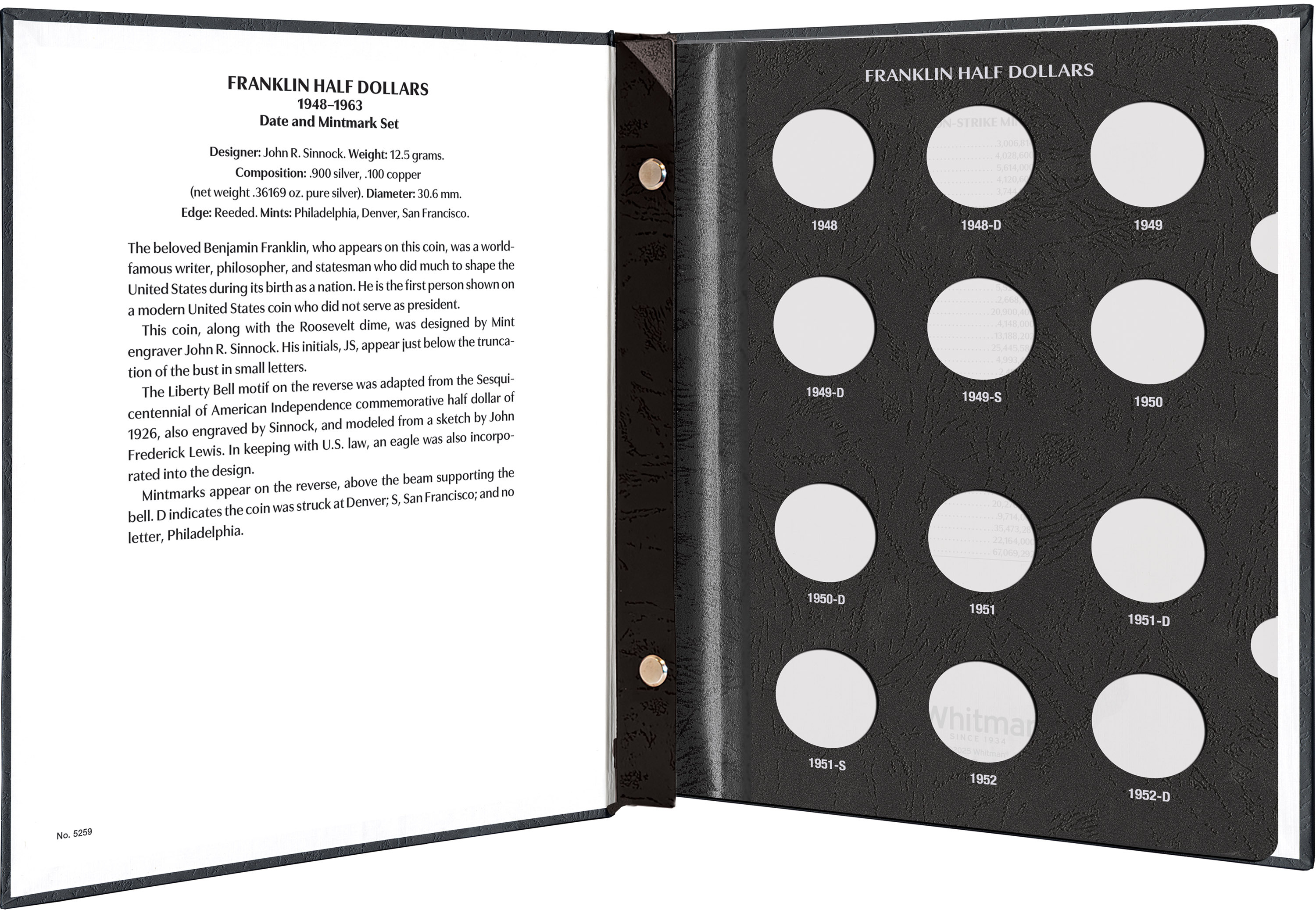 Whitman Prestige Coin Album – Franklin Half Dollars: 1948-1963 Date & Mintmark Set