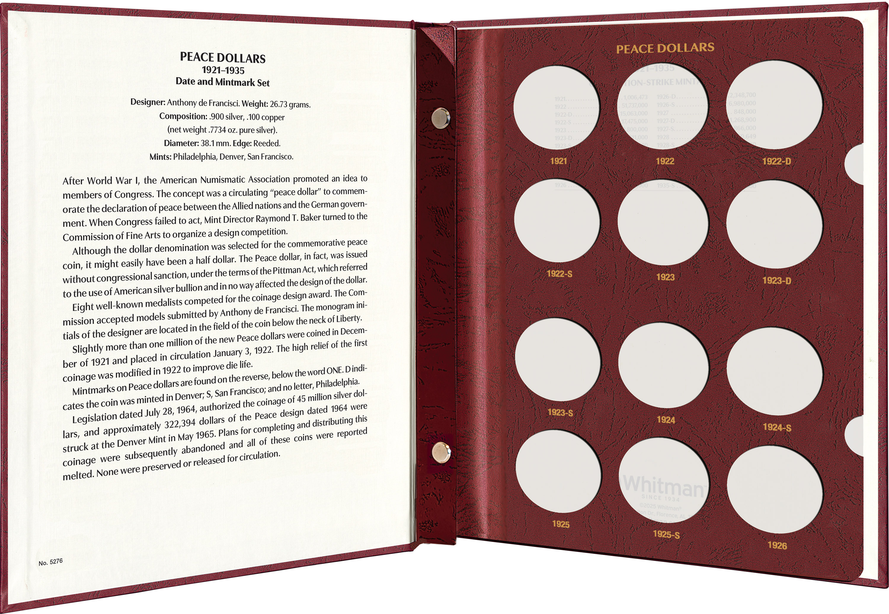 Whitman Prestige Coin Album – Peace Dollars: 1921-1935 Date & Mintmark Set