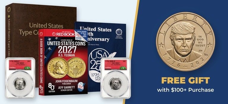 A mixture of new products on the left side of the banner, separated by a yellow band and a blue background featuring the gold Trump Dollar.