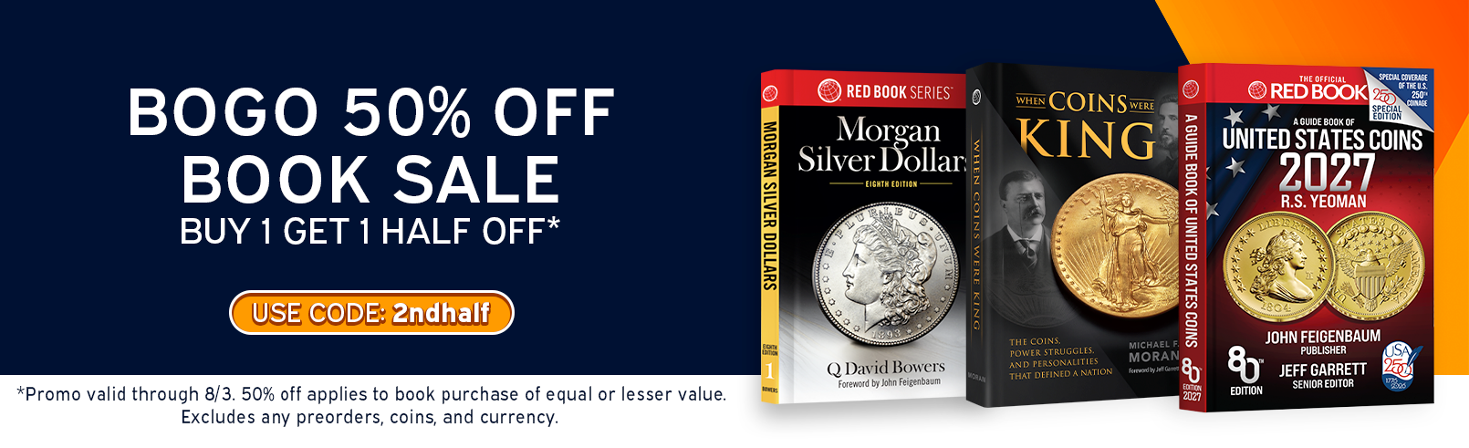 Three coin collecting books side by side showing a promo for buy one get one 50% off.