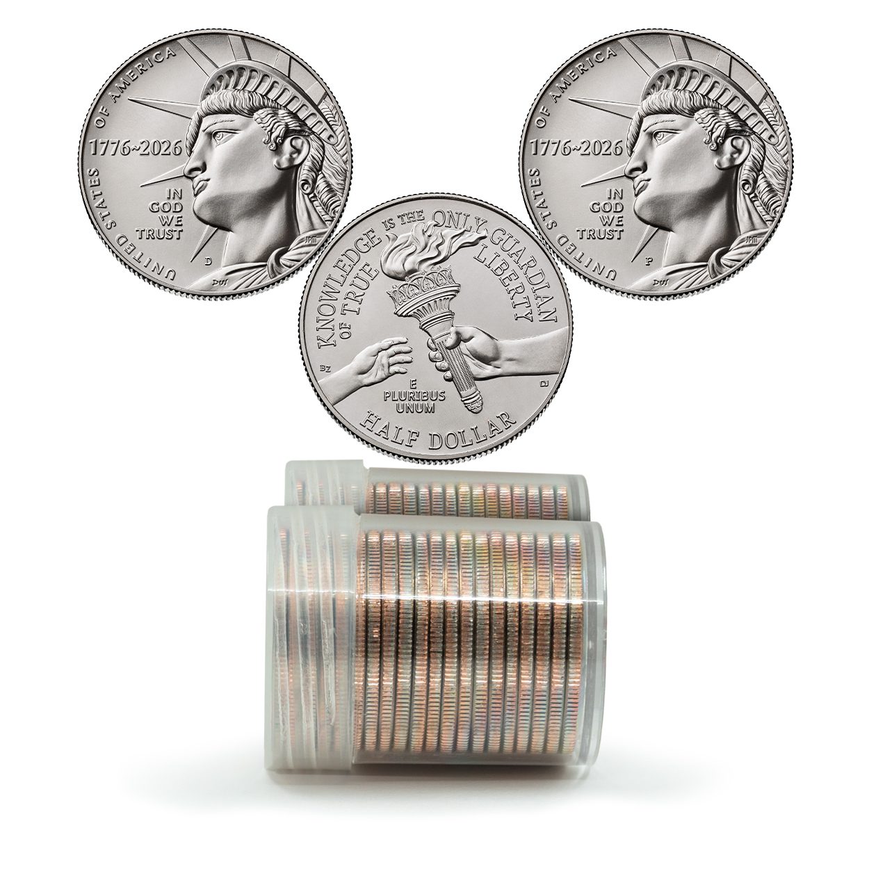 1776~2026 U.S. 250th Anniversary Enduring Liberty Half Dollar 2-Roll Collector Set (P & D) - 40 Coins, Brilliant Uncirculated