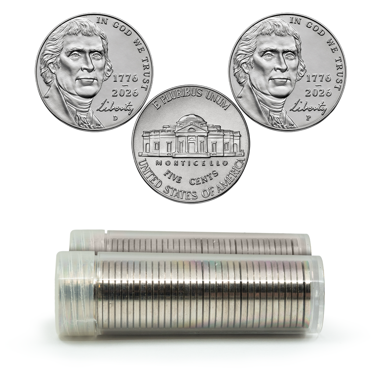 1776~2026 U.S. 250th Anniversary Jefferson Nickel 2-Roll Collector Set (P & D) - 80 Coins, Brilliant Uncirculated