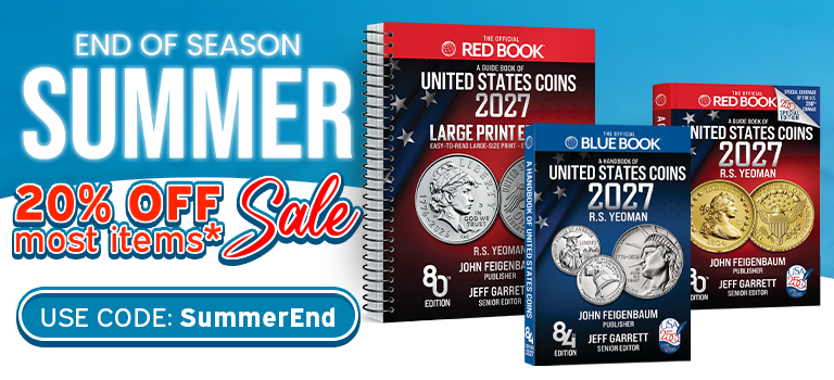 Three coin collecting books in front of a blue abstract wave showing 20% Off Most Items Sale.