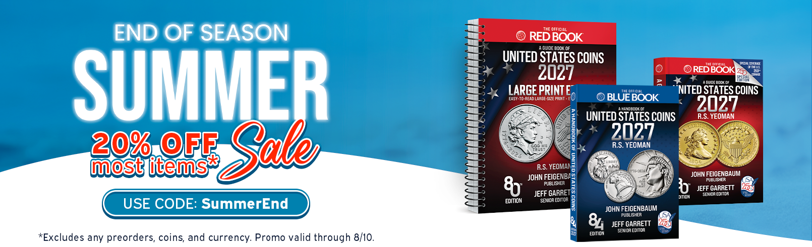 Three coin collecting books in front of a blue abstract wave showing 20% Off Most Items Sale.