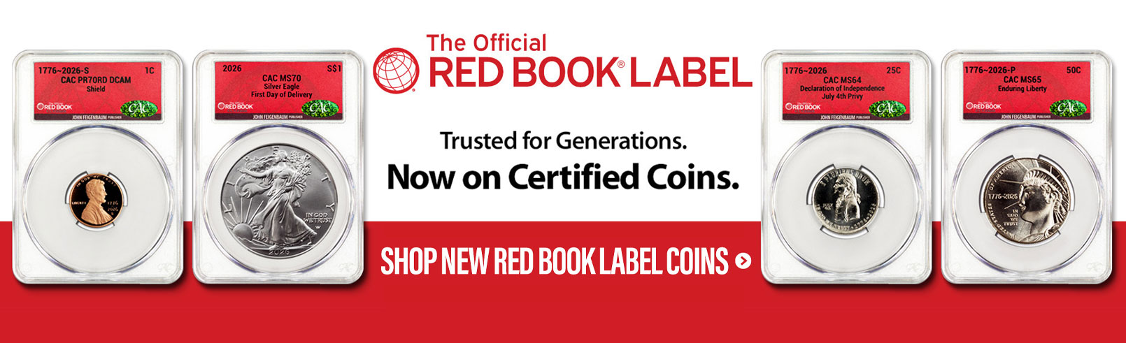 Red and white banner featuring several graded coins and the phrase 