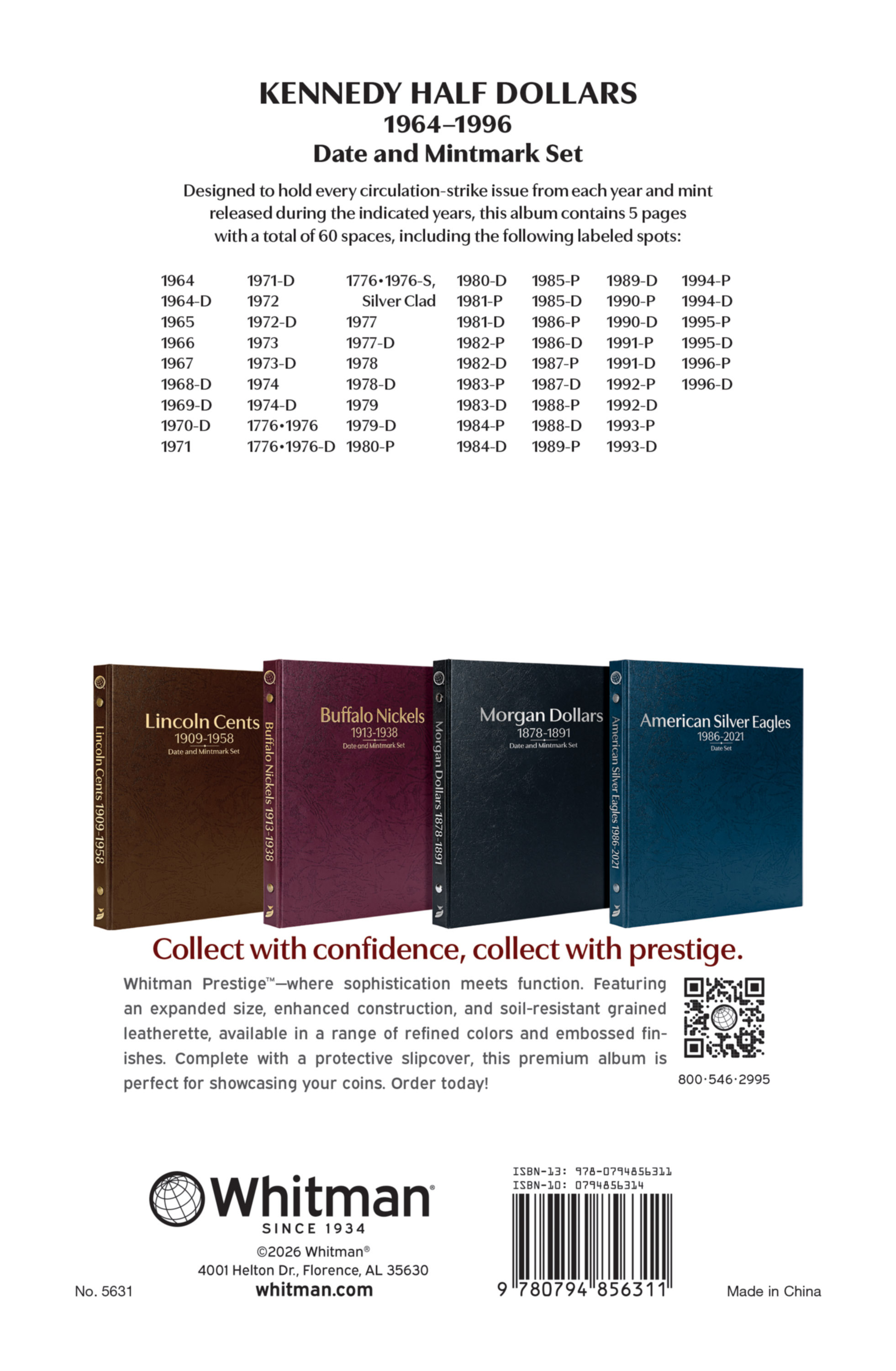 Whitman Prestige Coin Album – Kennedy Half Dollars: 1964-1996 Date & Mintmark Set