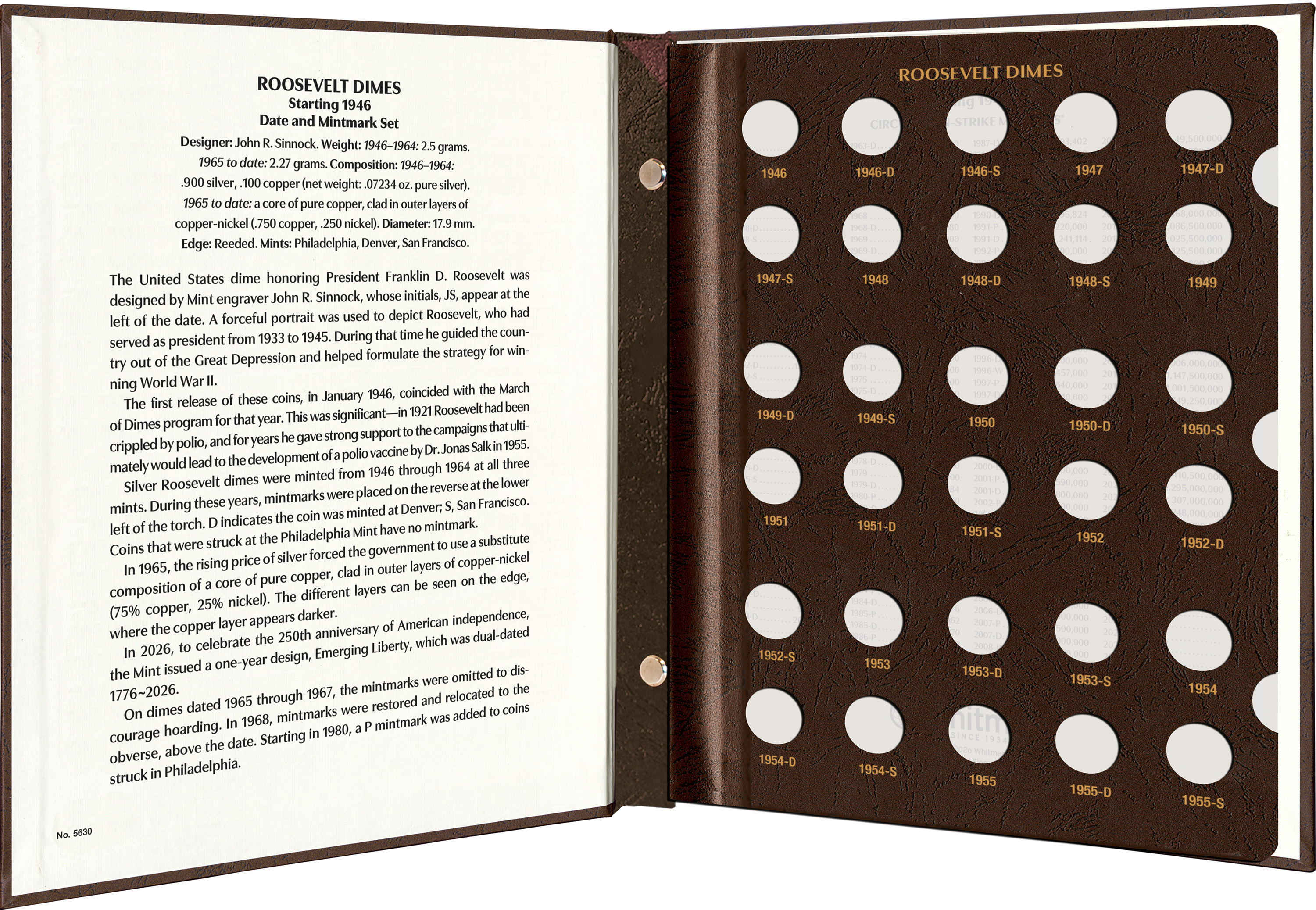 Whitman Prestige Coin Album – Roosevelt Dimes: Starting 1946 Date & Mintmark Set