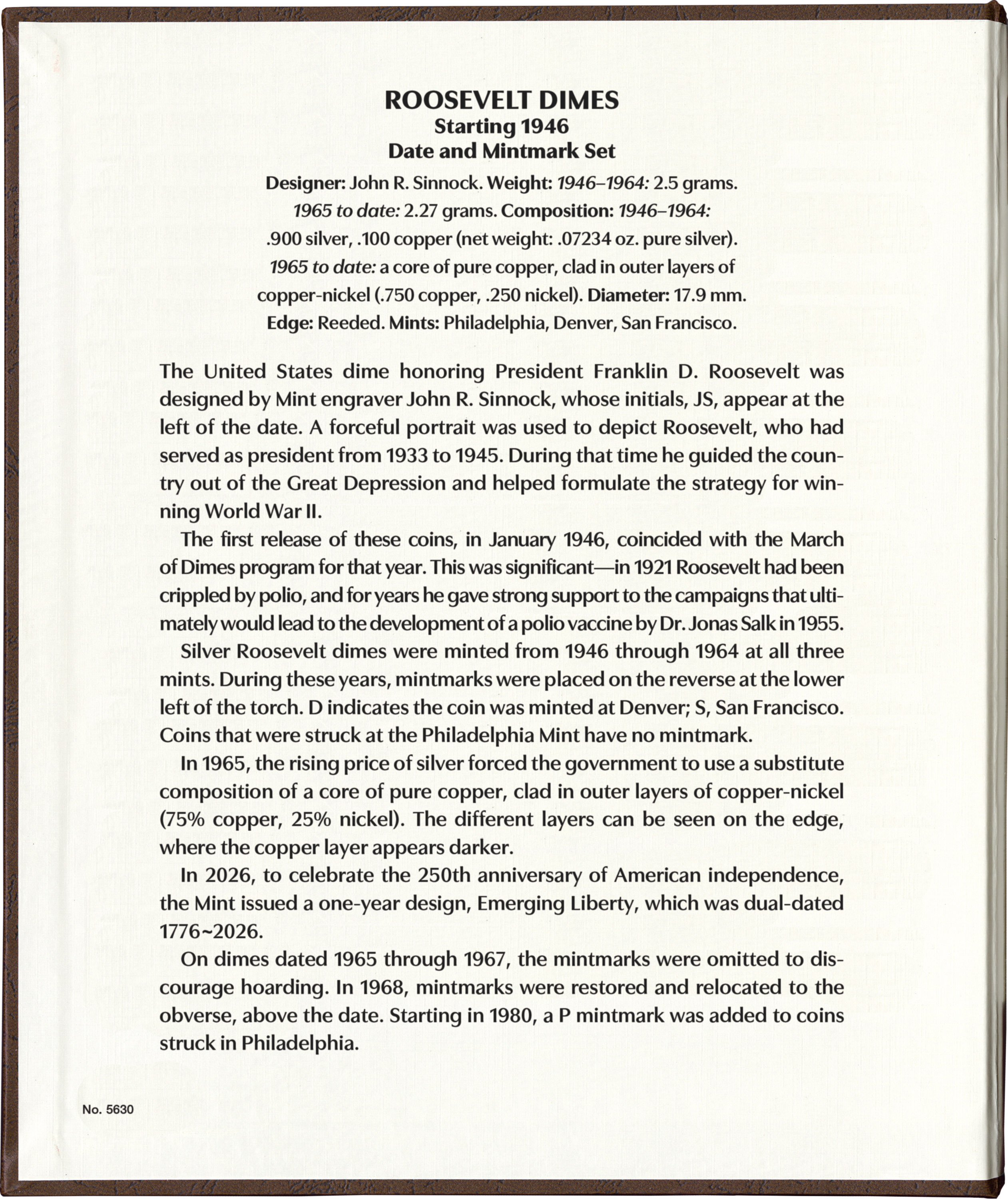 Whitman Prestige Coin Album – Roosevelt Dimes: Starting 1946 Date & Mintmark Set