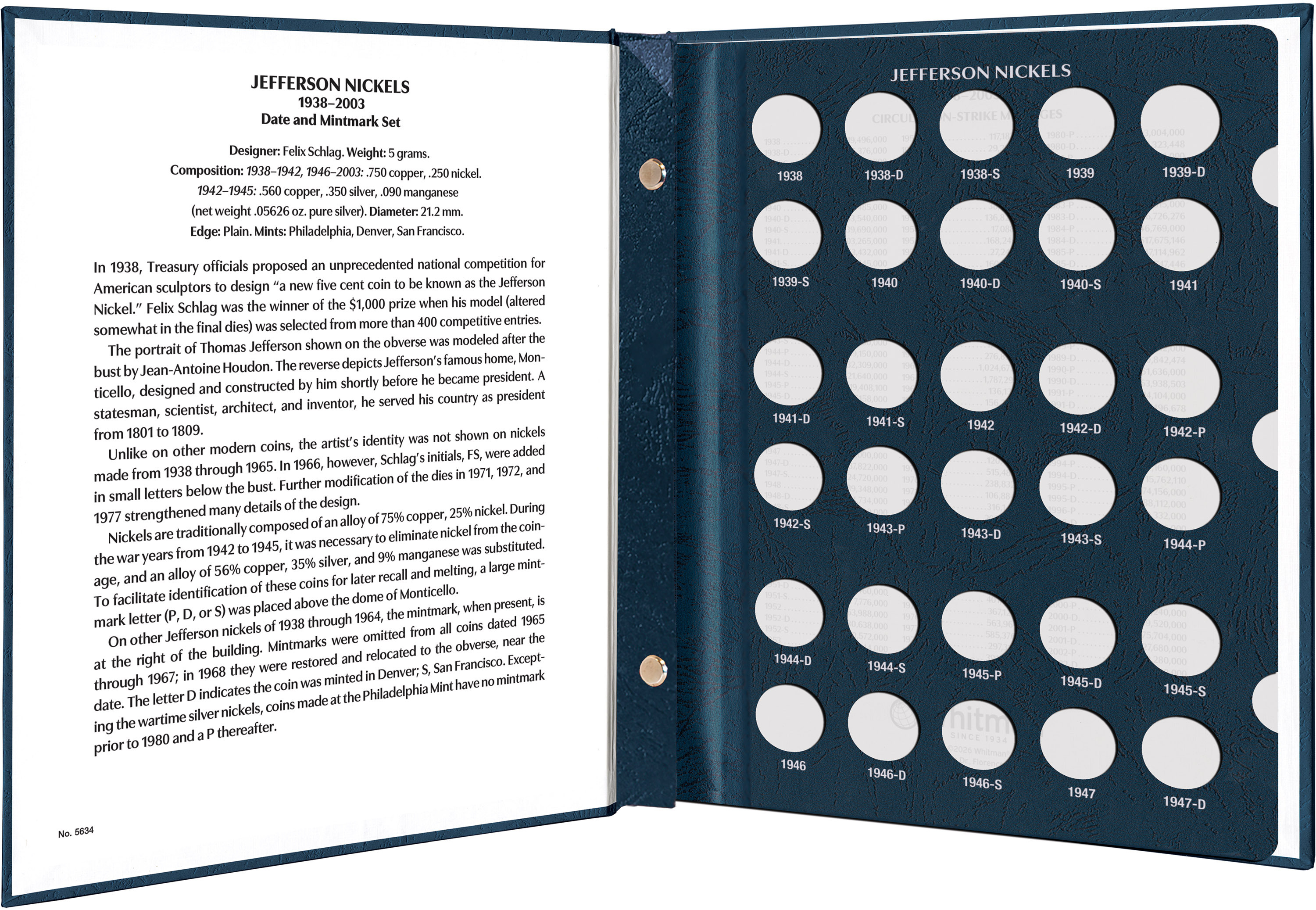 Whitman Prestige Coin Album – Jefferson Nickels: 1938-2003 Date & Mintmark Set