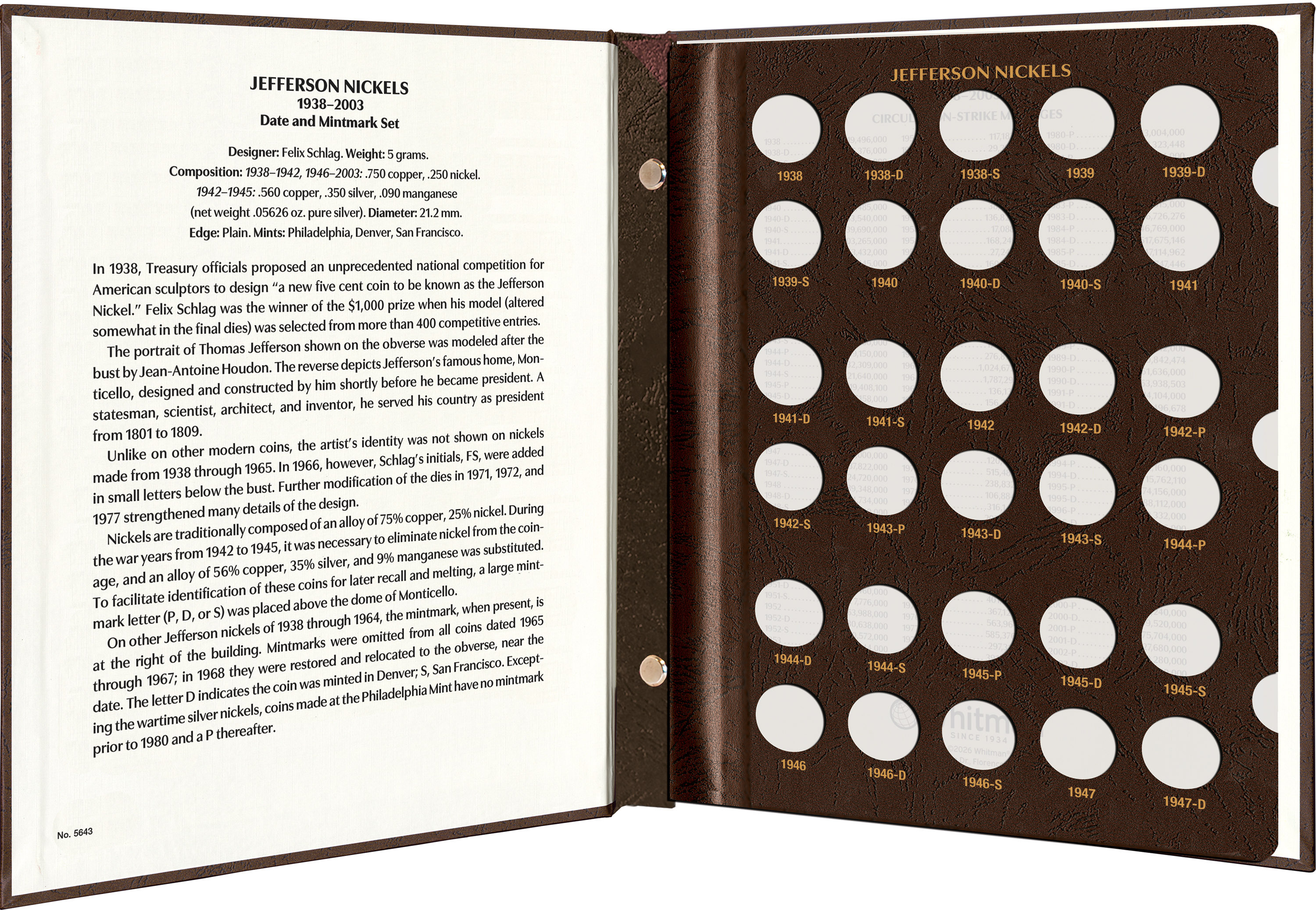 Whitman Prestige Coin Album – Jefferson Nickels: 1938-2003 Date & Mintmark Set