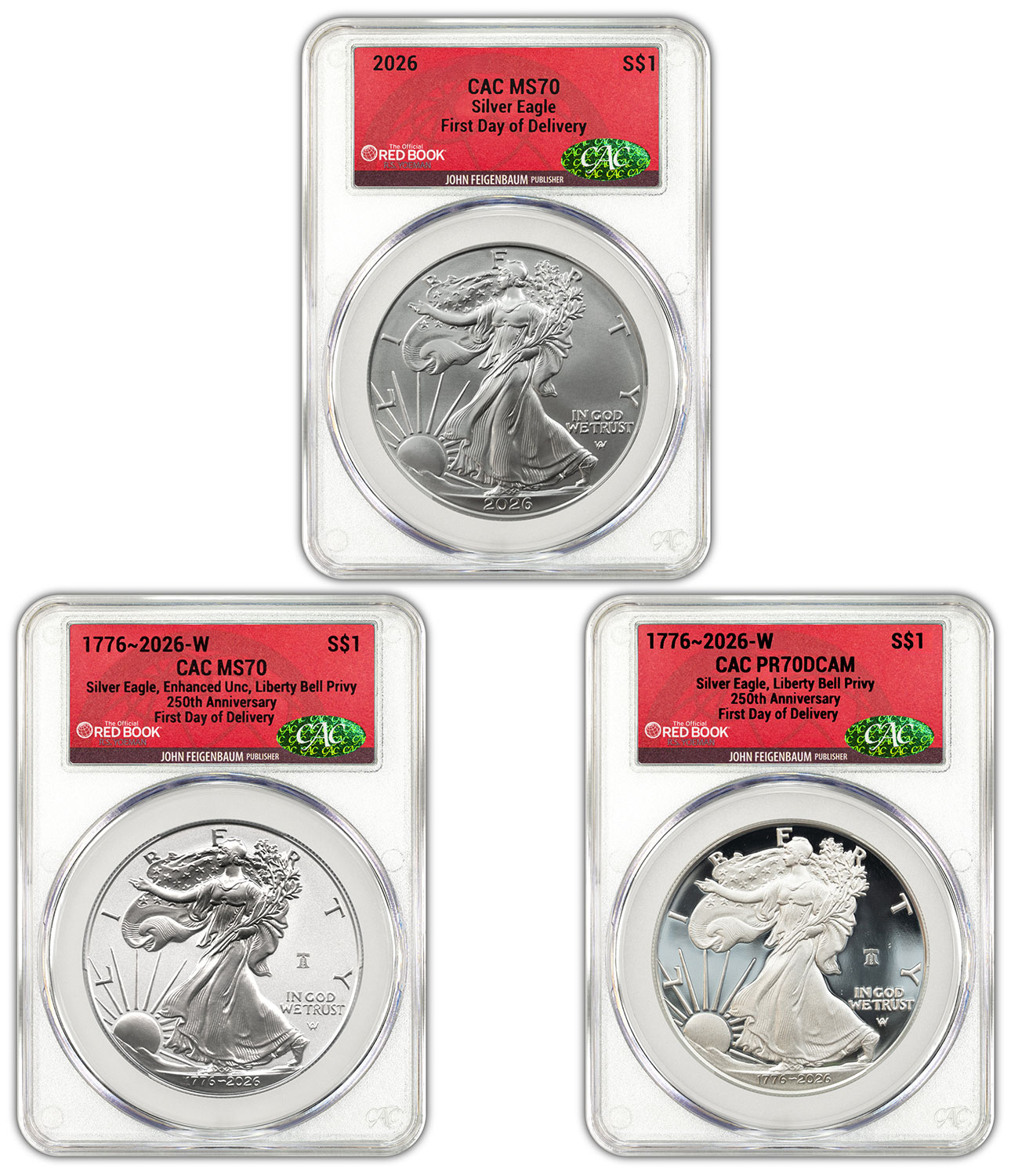 Online Exclusive: 2026 American Silver Eagle 3-Coin Set – 250th Anniversary Privy, Proof & Enhanced – CAC PF70/MS70 Red Book® Labels