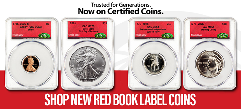 Red and white banner featuring several graded coins and the phrase 