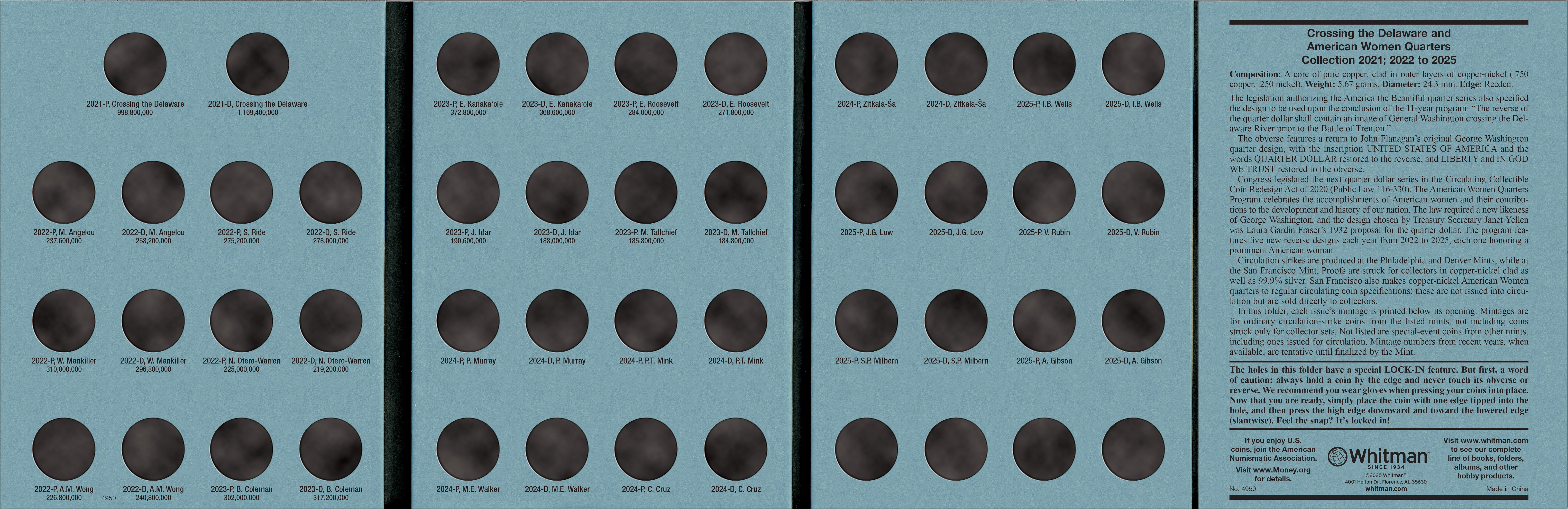 Official Whitman® Coin Folder – Crossing the Delaware and American Women Quarters: 2021-2025 (P & D Mints)
