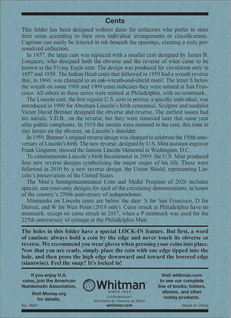 Official Whitman® Coin Folder – Lincoln Cents: Plain, No Dates