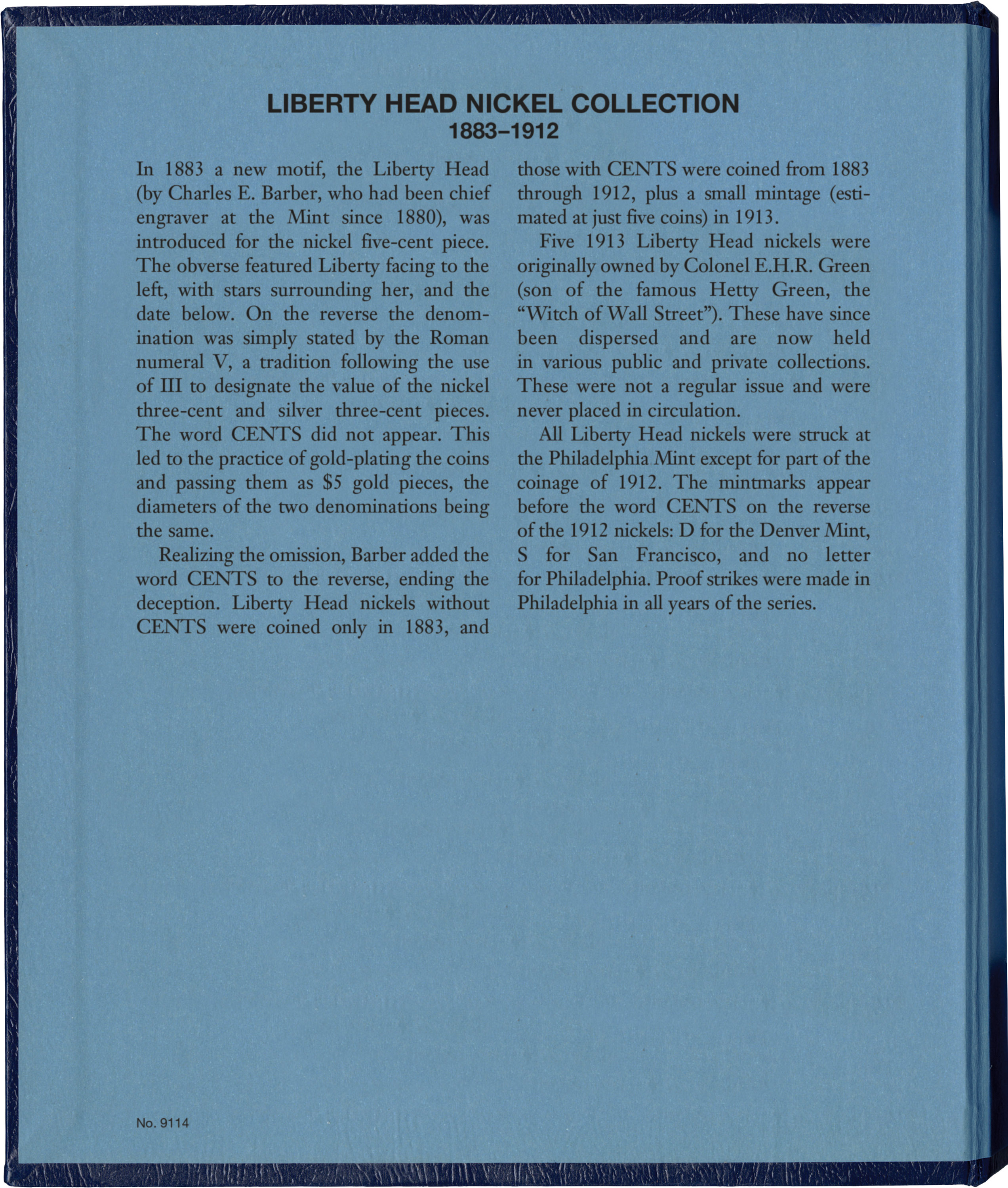 Whitman Classic® Coin Album – Liberty Head (V) Nickels: 1883-1912 (P, D, & S Mints)
