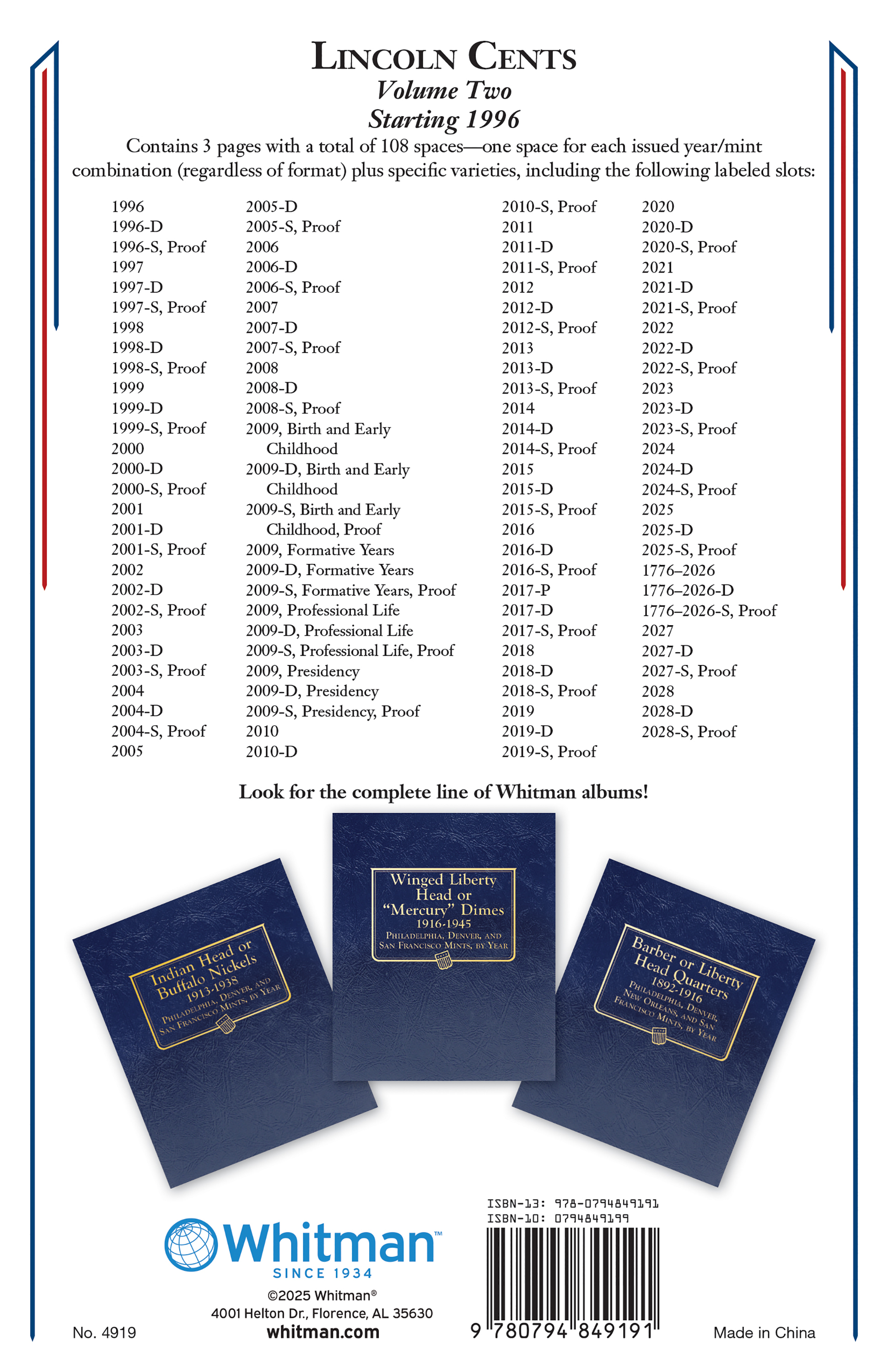 Whitman Classic® Coin Album – Lincoln Cents Volume #2: Starting 1996 (P, D, & S Mints)